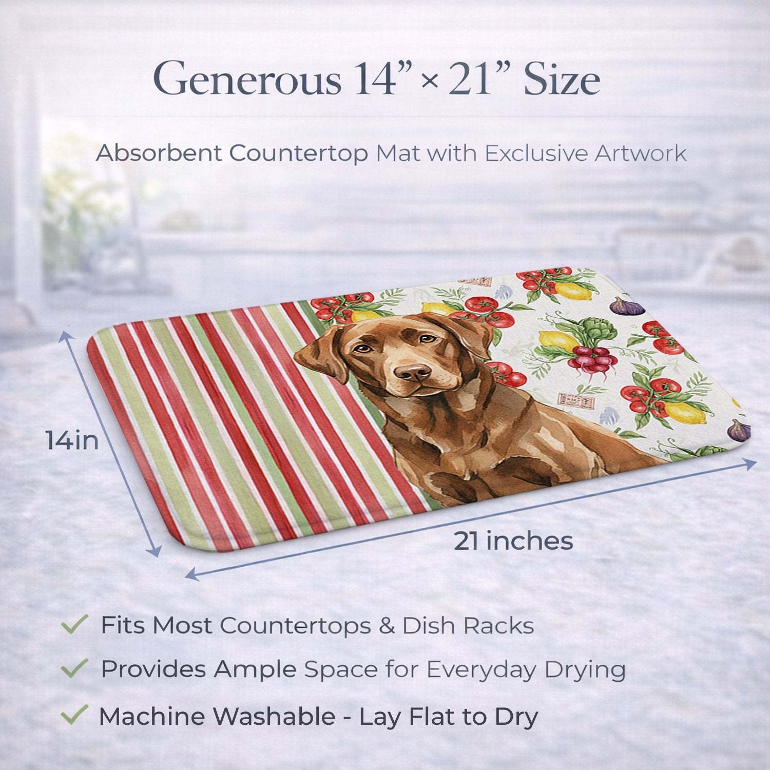 Chocolate Labrador Retriever Vegetables Dish Drying Mat Absorbent Dish Drying Mat Pad for Kitchen Counter Dish Drainer Mat for Countertop, 14 x 21", Multicolor