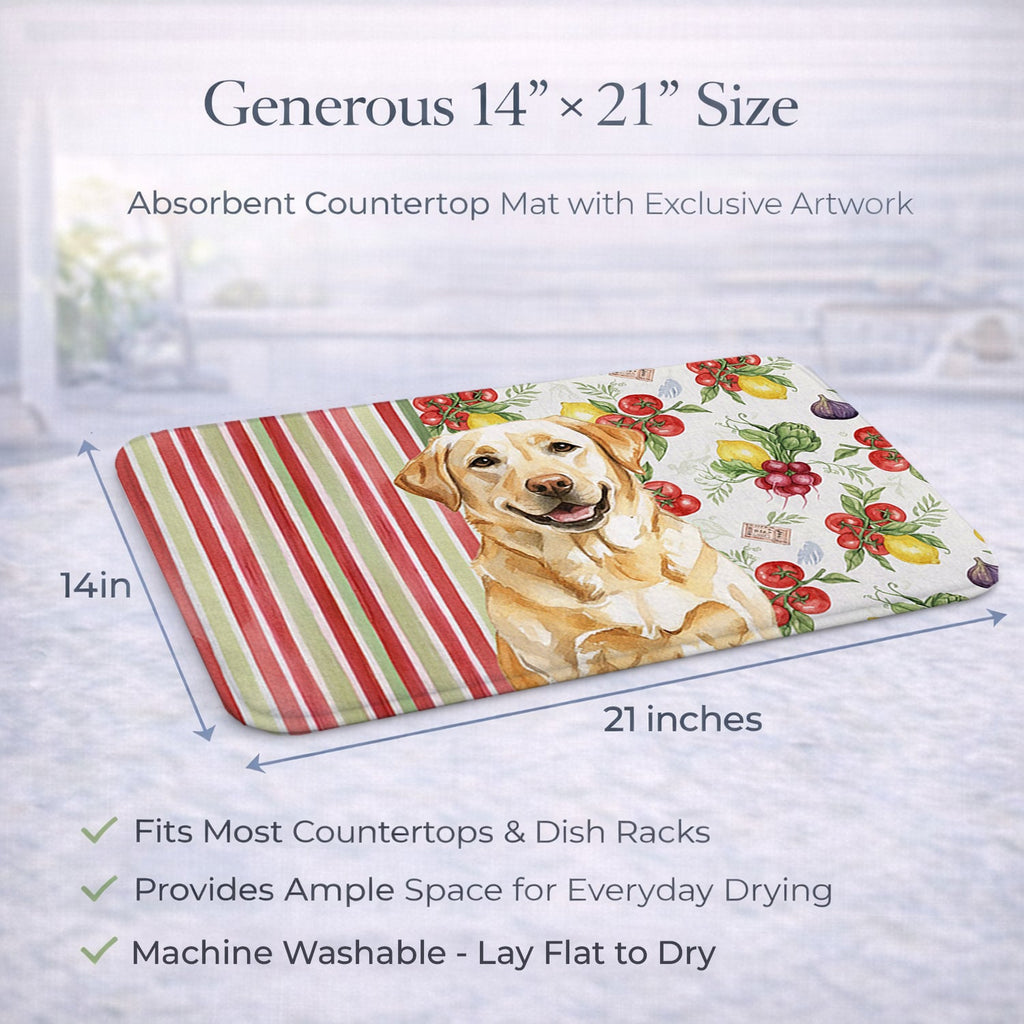 Yellow Labrador Retriever Vegetables Dish Drying Mat Absorbent Dish Drying Mat Pad for Kitchen Counter Dish Drainer Mat for Countertop, 14 x 21", Multicolor