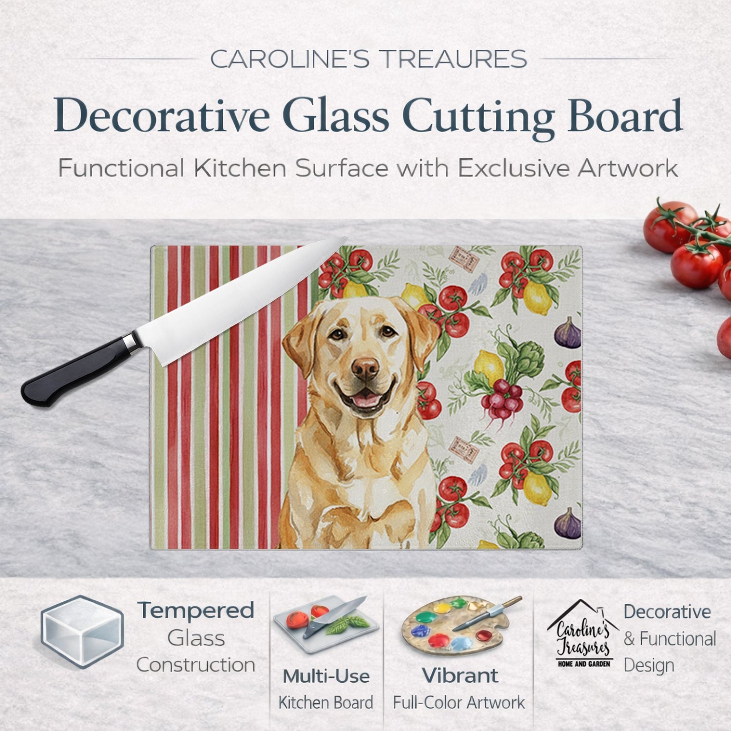 Yellow Labrador Retriever Vegetables Cutting Board Tempered Glass Kitchen Cutting Surface, Heat Resistant Chopping, Non-Slip Feet, Food Prep & Serving