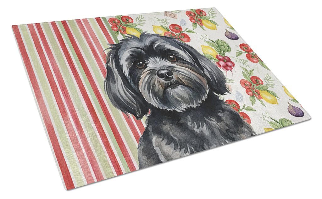 Black Lhasa Apso Vegetables Cutting Board Tempered Glass Kitchen Cutting Surface, Heat Resistant Chopping, Non-Slip Feet, Food Prep & Serving