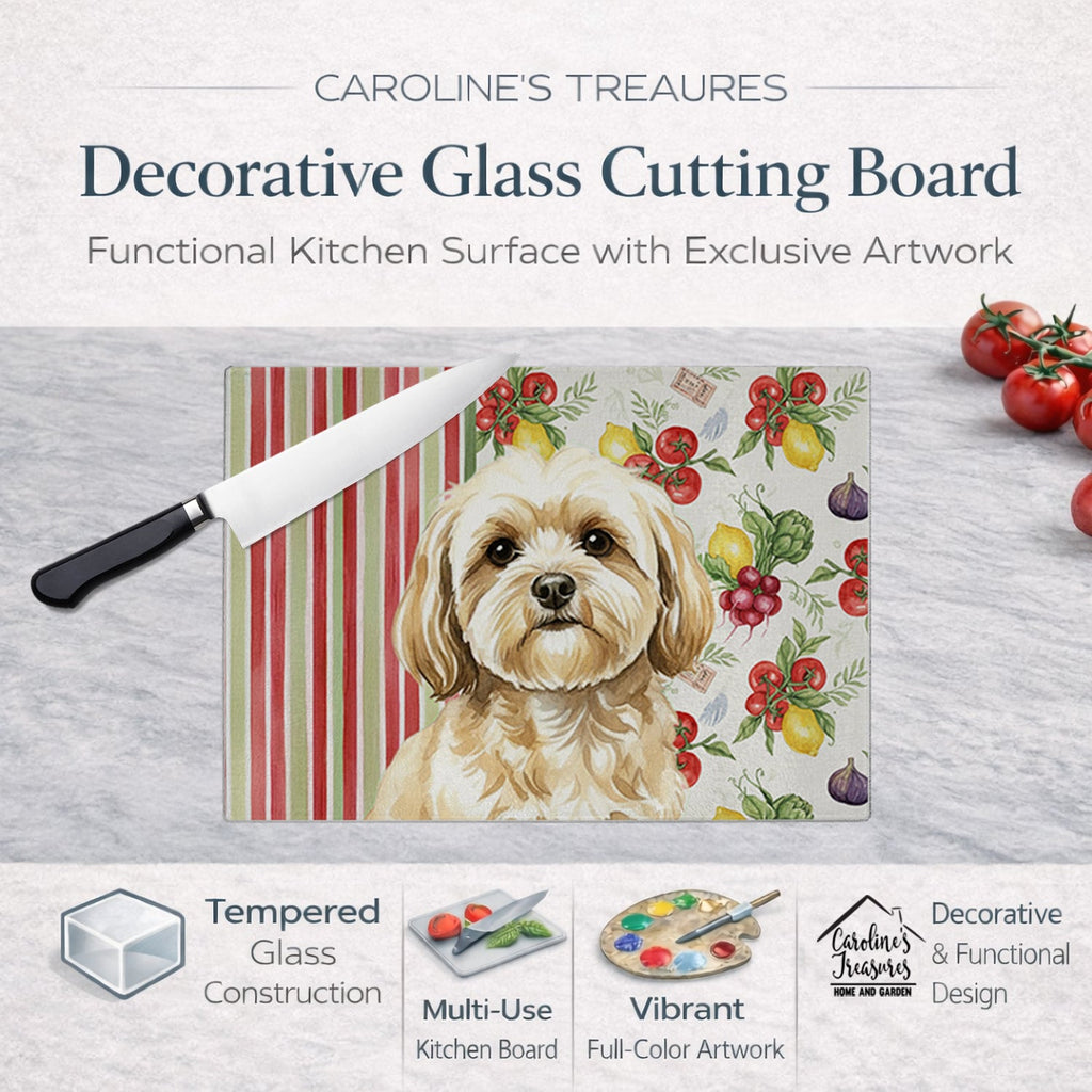 Cream Lhasa Apso Vegetables Cutting Board Tempered Glass Kitchen Cutting Surface, Heat Resistant Chopping, Non-Slip Feet, Food Prep & Serving