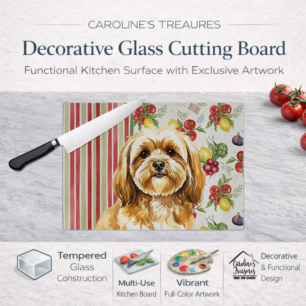 Gold Lhasa Apso Vegetables Cutting Board Tempered Glass Kitchen Cutting Surface, Heat Resistant Chopping, Non-Slip Feet, Food Prep & Serving