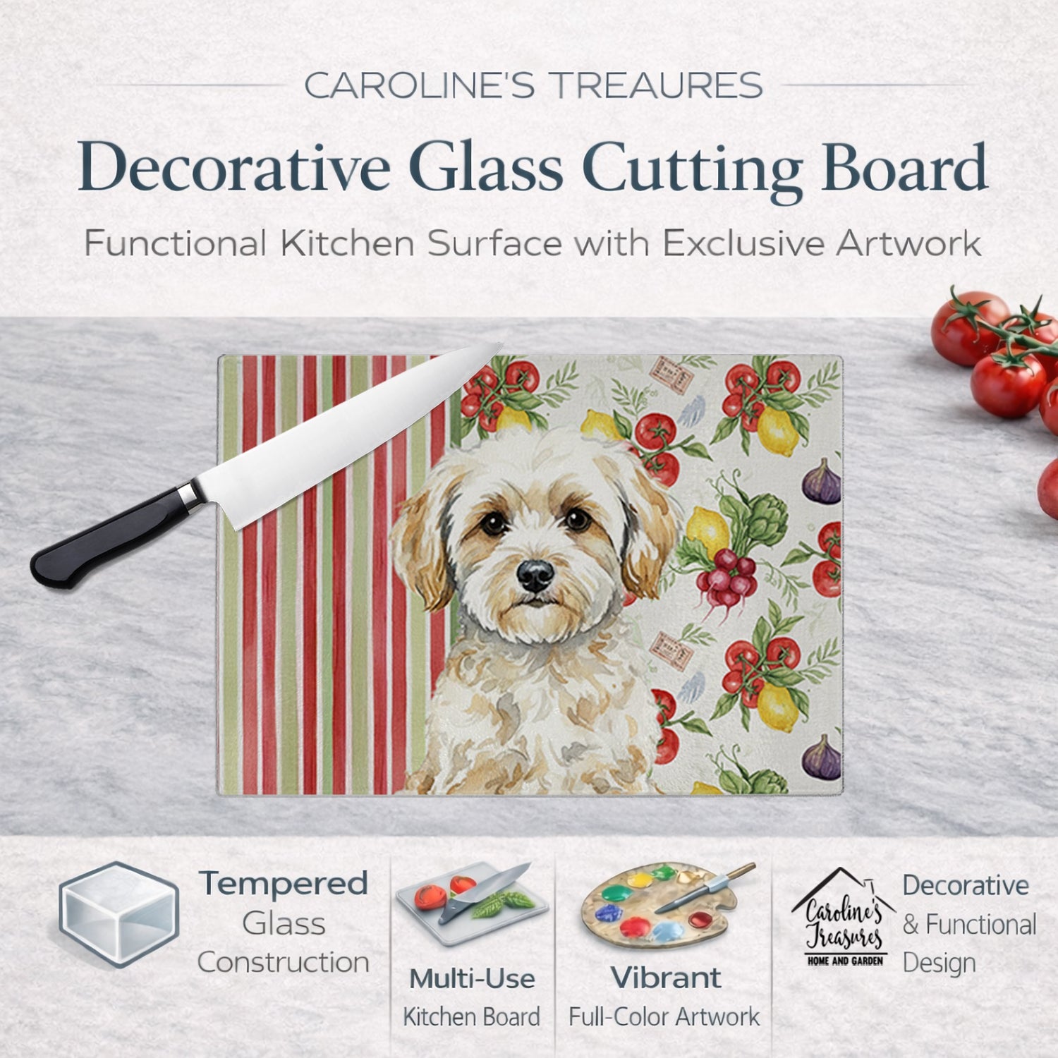 Maltipoo Vegetables Cutting Board Tempered Glass Kitchen Cutting Surface, Heat Resistant Chopping, Non-Slip Feet, Food Prep & Serving