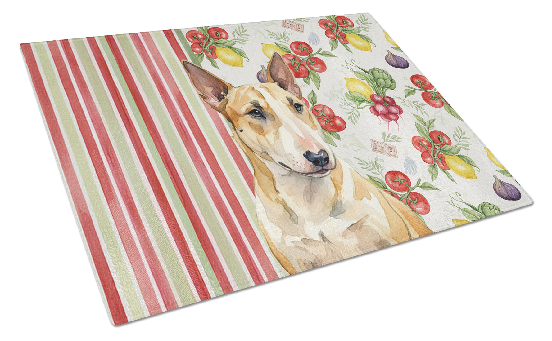Miniature Bull Terrier Vegetables Cutting Board Tempered Glass Kitchen Cutting Surface, Heat Resistant Chopping, Non-Slip Feet, Food Prep & Serving