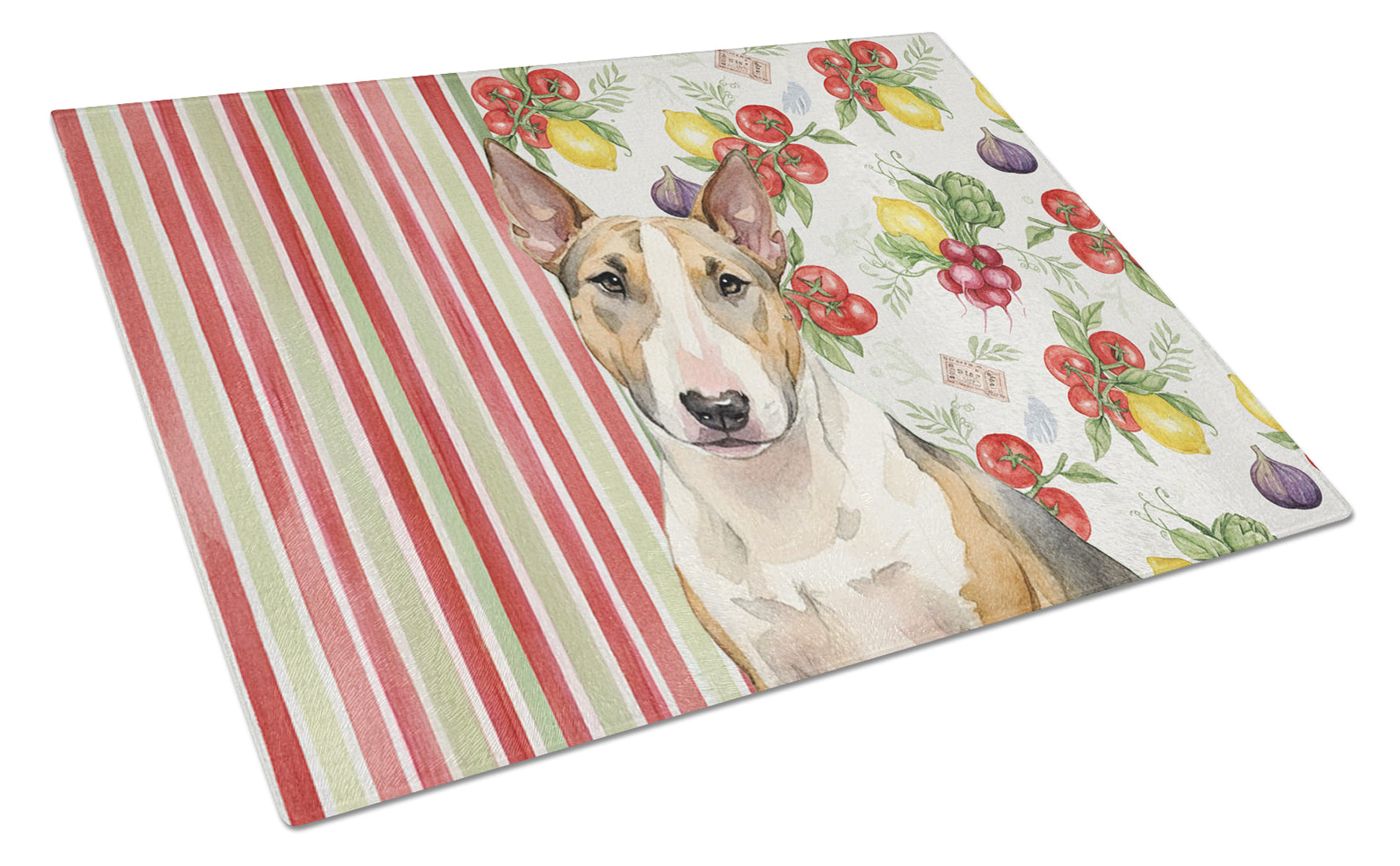 Tricolor Miniature Bull Terrier Vegetables Cutting Board Tempered Glass Kitchen Cutting Surface, Heat Resistant Chopping, Non-Slip Feet, Food Prep & Serving