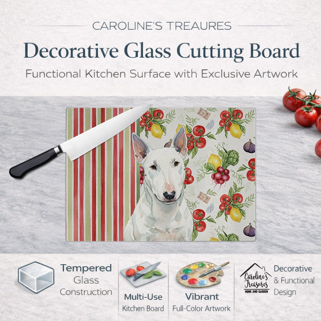 White Miniature Bull Terrier Vegetables Cutting Board Tempered Glass Kitchen Cutting Surface, Heat Resistant Chopping, Non-Slip Feet, Food Prep & Serving