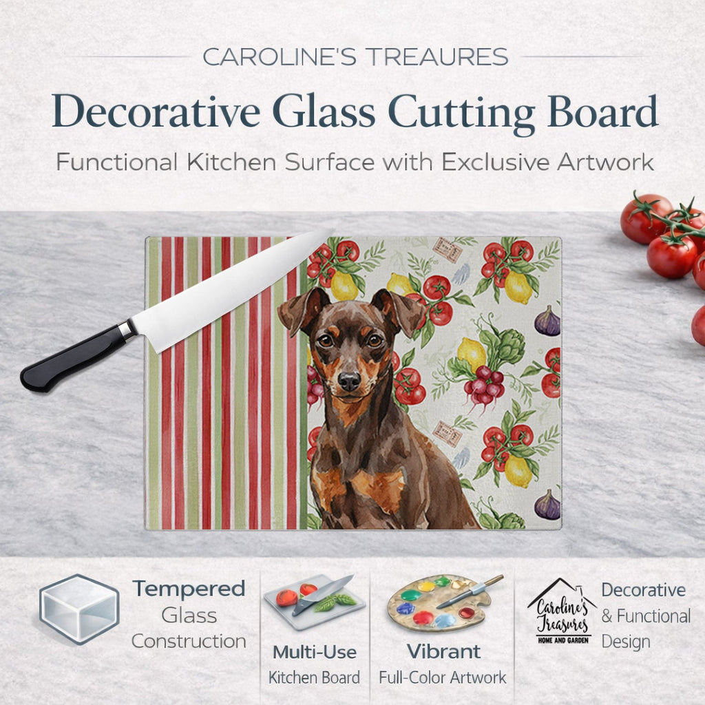 Chocolate and Rust Miniature Pinscher Min Pin Vegetables Cutting Board Tempered Glass Kitchen Cutting Surface, Heat Resistant Chopping, Non-Slip Feet, Food Prep & Serving