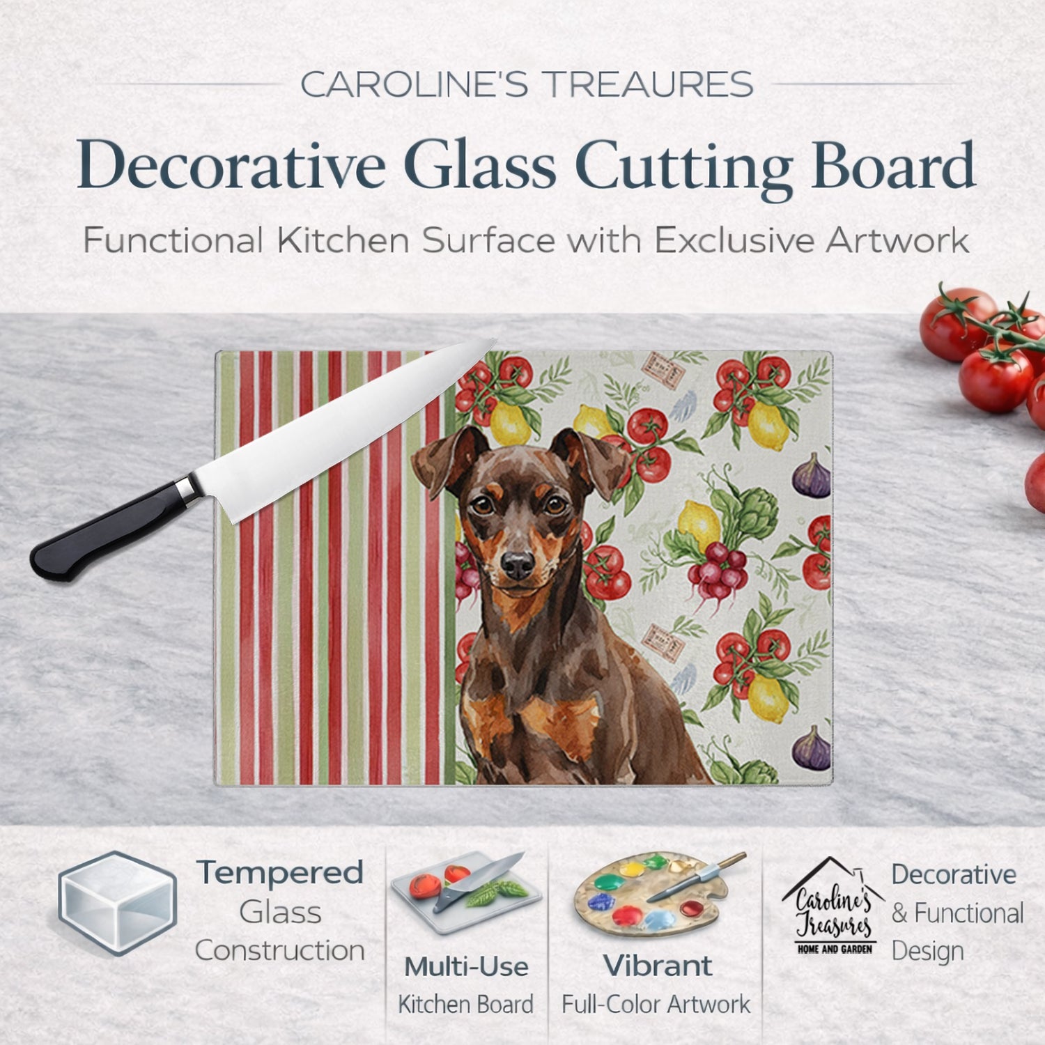 Chocolate and Rust Miniature Pinscher Min Pin Vegetables Cutting Board Tempered Glass Kitchen Cutting Surface, Heat Resistant Chopping, Non-Slip Feet, Food Prep & Serving