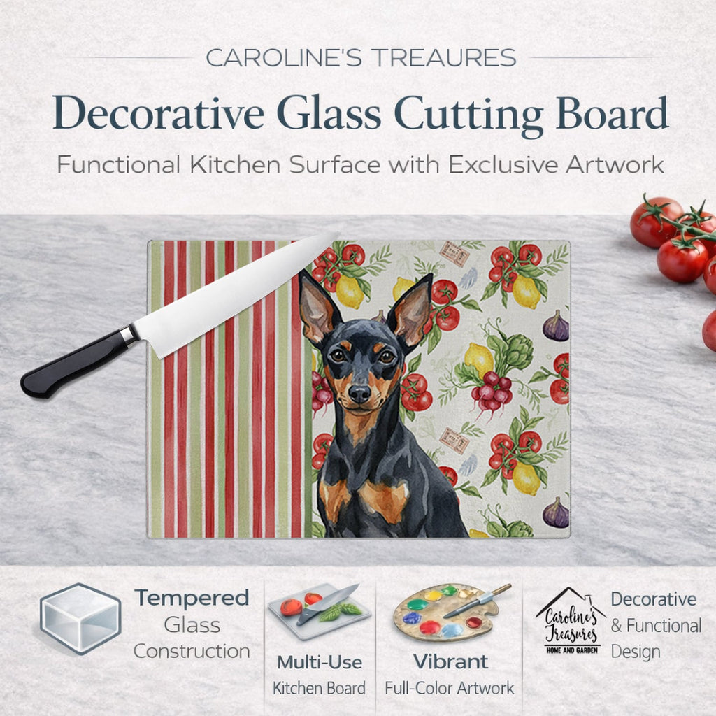 Black and Tan Miniature Pinscher Vegetables Cutting Board Tempered Glass Kitchen Cutting Surface, Heat Resistant Chopping, Non-Slip Feet, Food Prep & Serving