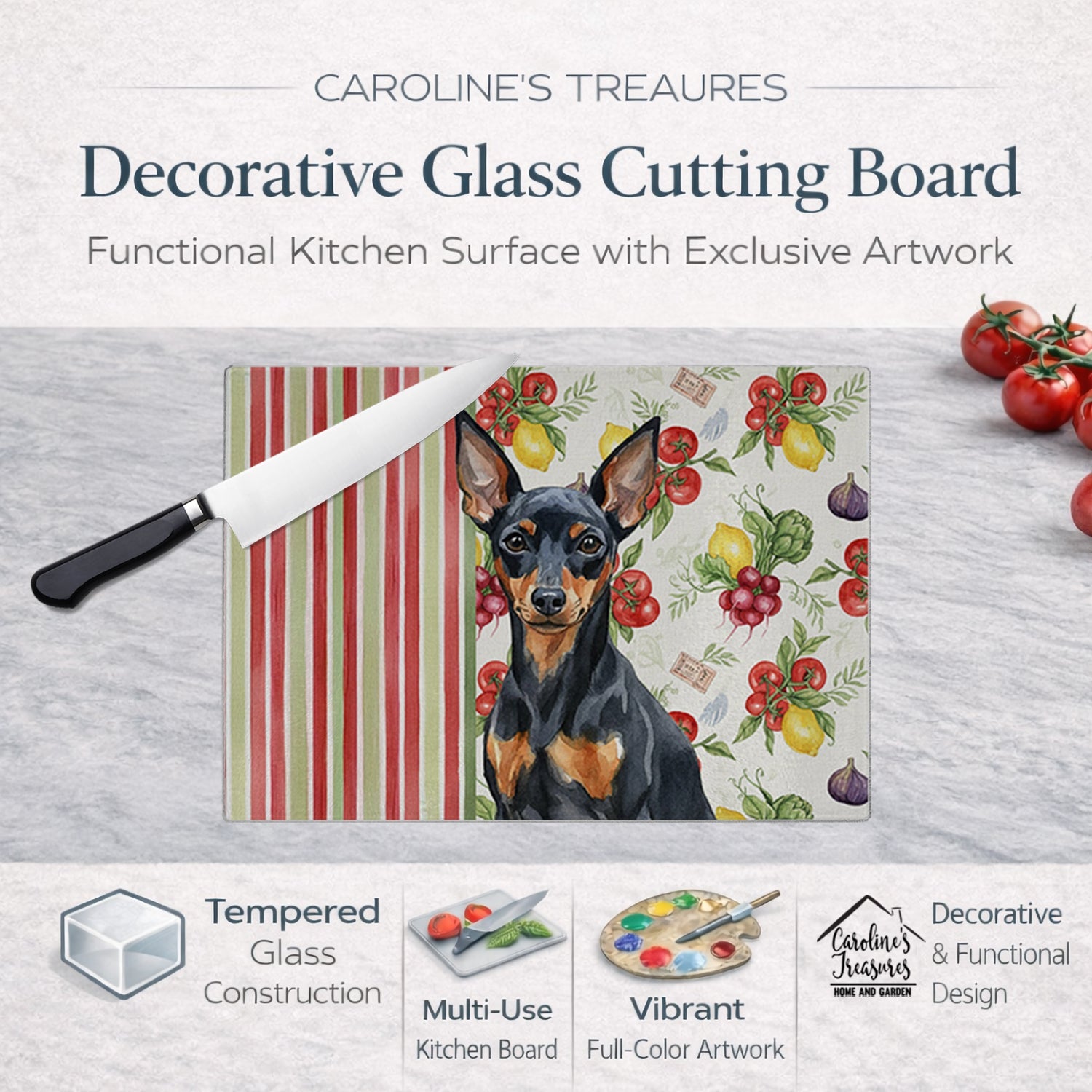 Black and Tan Miniature Pinscher Vegetables Cutting Board Tempered Glass Kitchen Cutting Surface, Heat Resistant Chopping, Non-Slip Feet, Food Prep & Serving