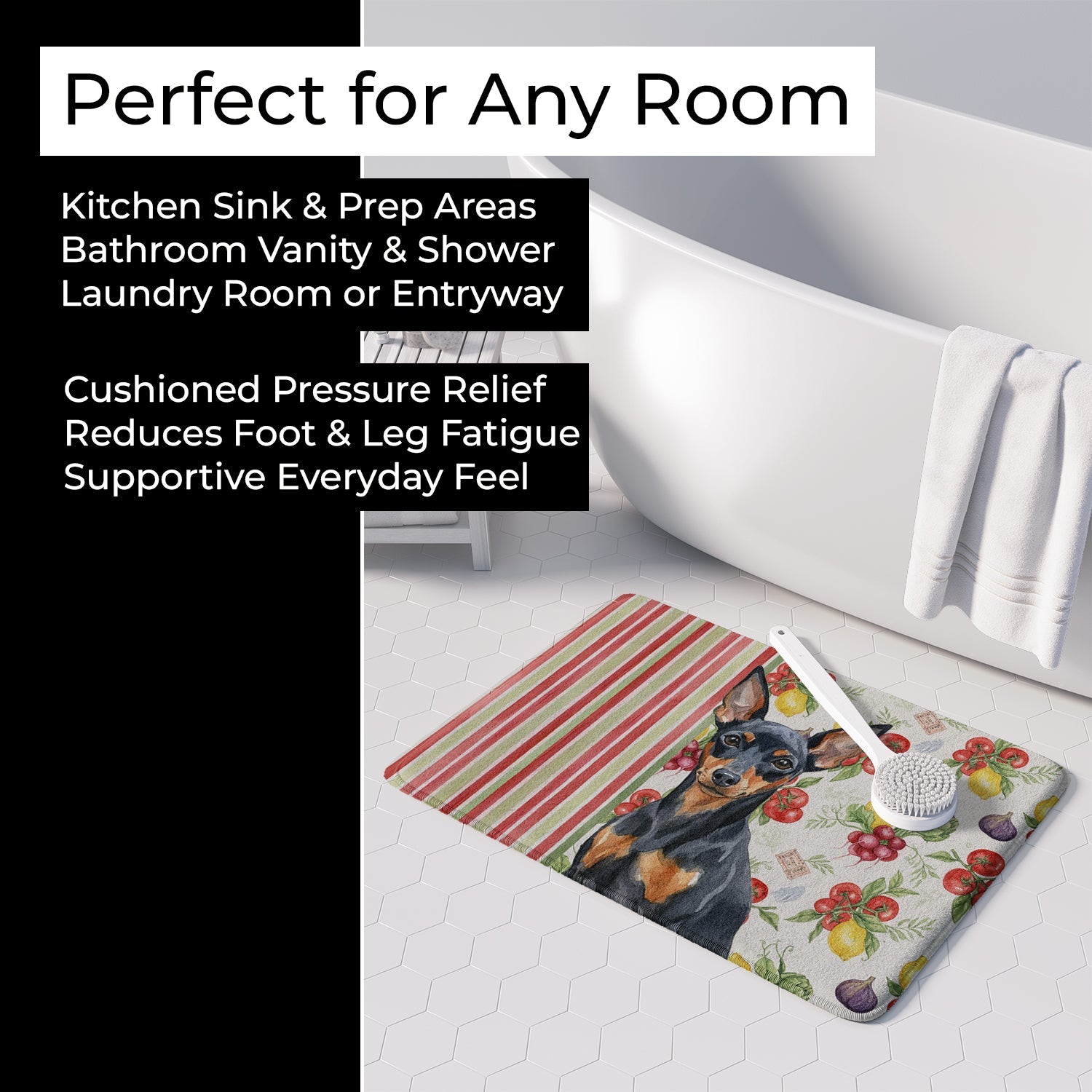 Black and Tan Miniature Pinscher Vegetables Memory Foam Kitchen Mat Machine Washable Anti-Fatigue Cushion Comfort Bath or Kitchen Rug