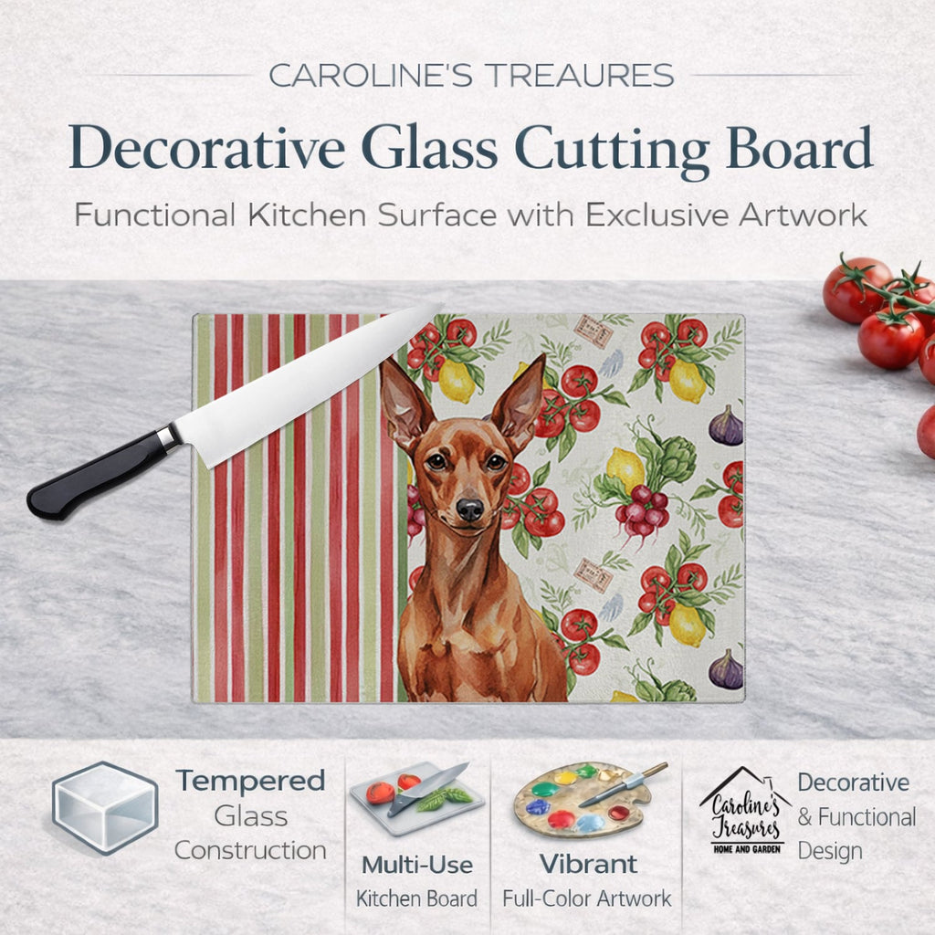 Red Miniature Pinscher Min Pin Vegetables Cutting Board Tempered Glass Kitchen Cutting Surface, Heat Resistant Chopping, Non-Slip Feet, Food Prep & Serving