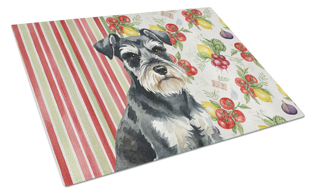 Black & Silver Miniature Schnauzer Vegetables Cutting Board Tempered Glass Kitchen Cutting Surface, Heat Resistant Chopping, Non-Slip Feet, Food Prep & Serving