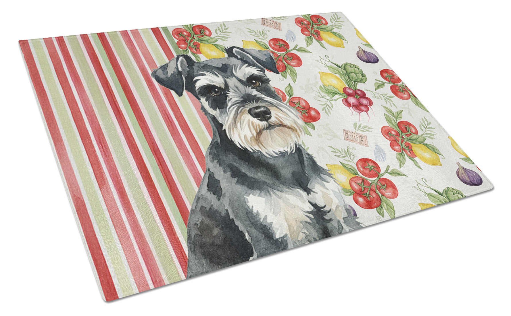 Black & Silver Miniature Schnauzer Vegetables Cutting Board Tempered Glass Kitchen Cutting Surface, Heat Resistant Chopping, Non-Slip Feet, Food Prep & Serving