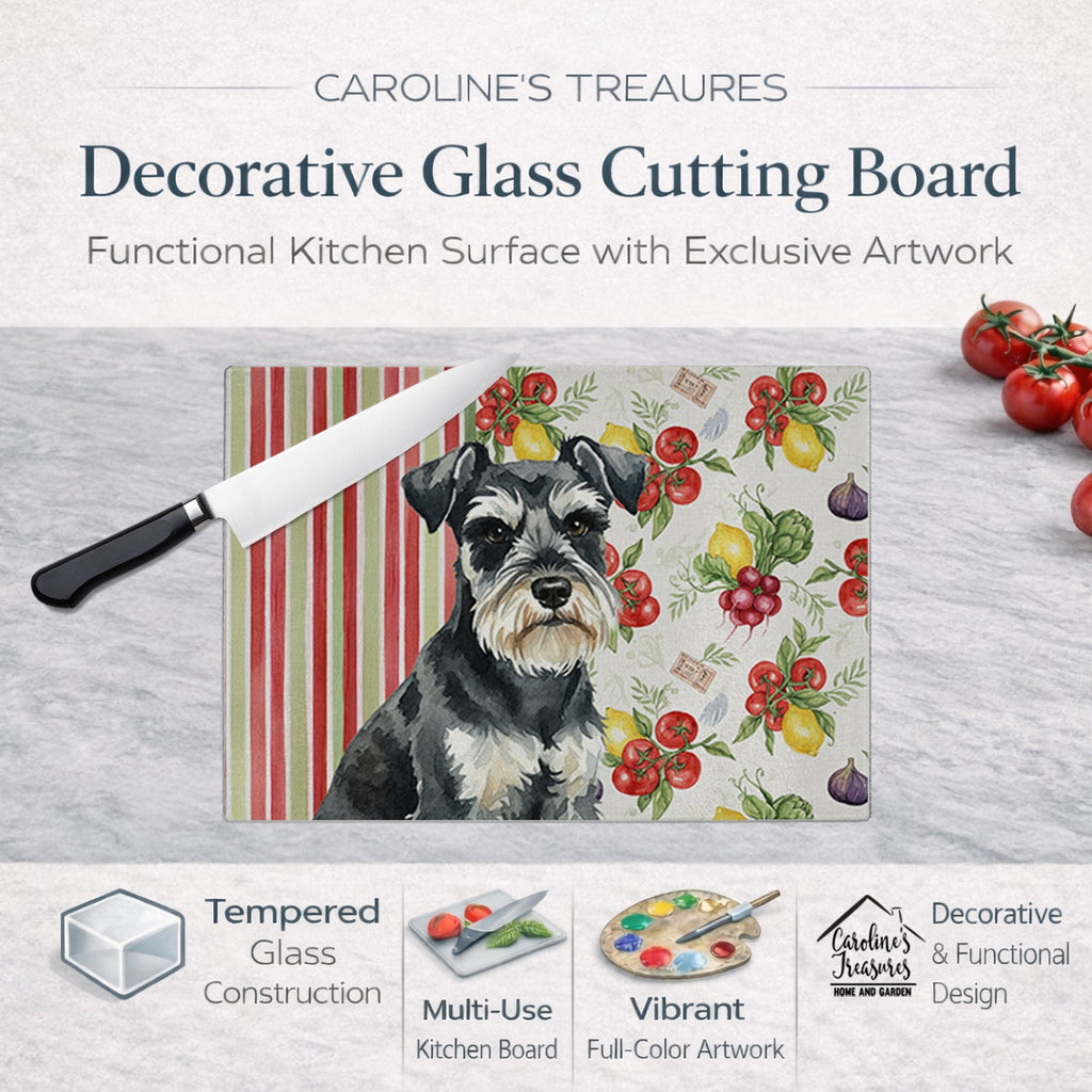 Black & Silver Miniature Schnauzer Vegetables Cutting Board Tempered Glass Kitchen Cutting Surface, Heat Resistant Chopping, Non-Slip Feet, Food Prep & Serving