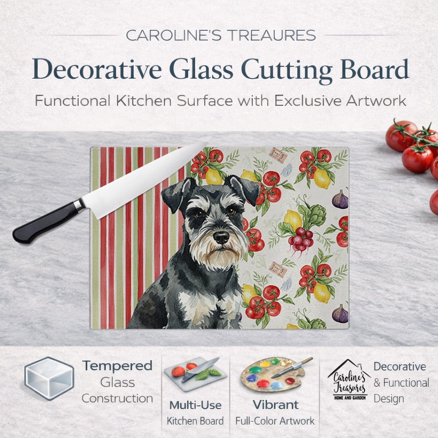 Black & Silver Miniature Schnauzer Vegetables Cutting Board Tempered Glass Kitchen Cutting Surface, Heat Resistant Chopping, Non-Slip Feet, Food Prep & Serving