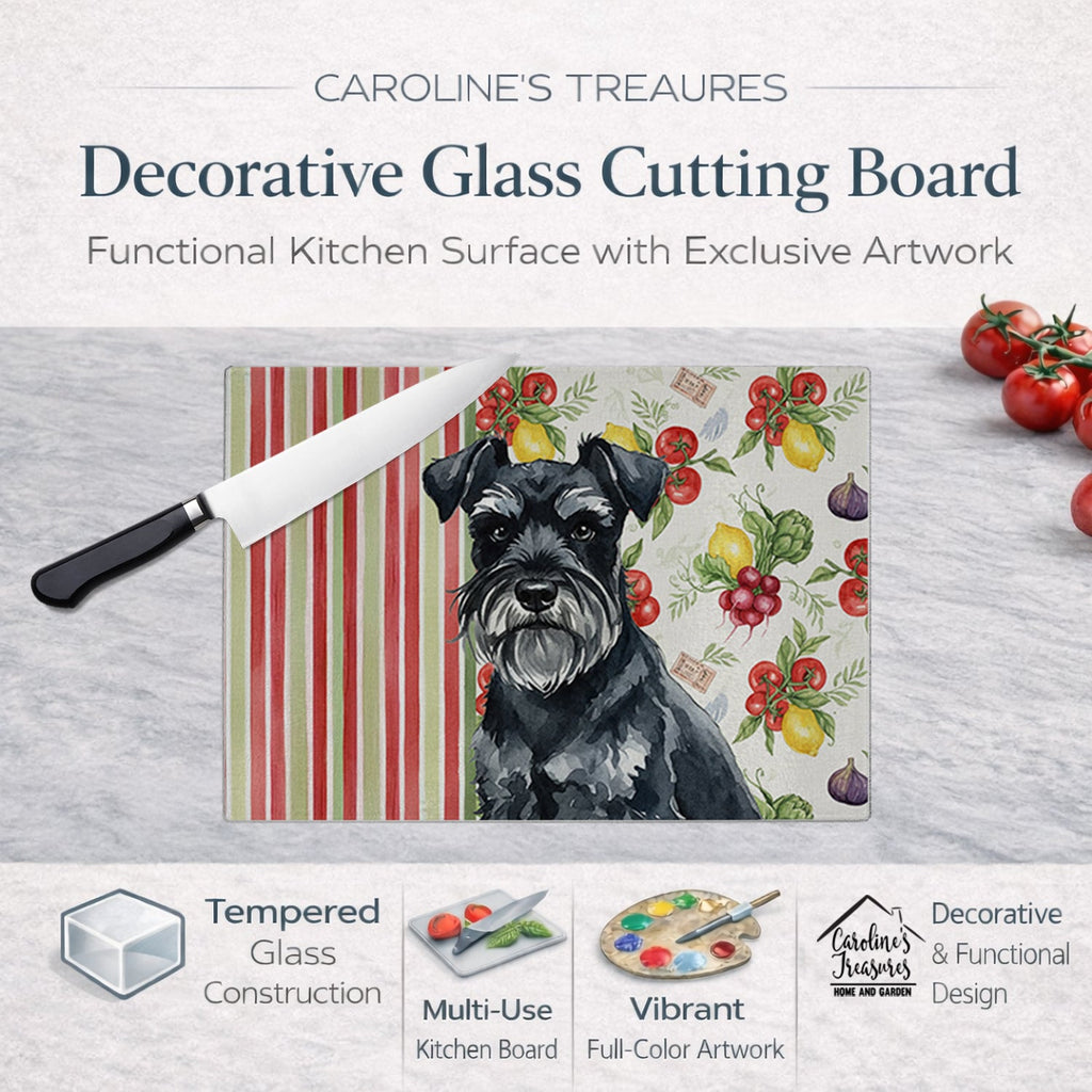 Black Miniature Schnauzer Vegetables Cutting Board Tempered Glass Kitchen Cutting Surface, Heat Resistant Chopping, Non-Slip Feet, Food Prep & Serving