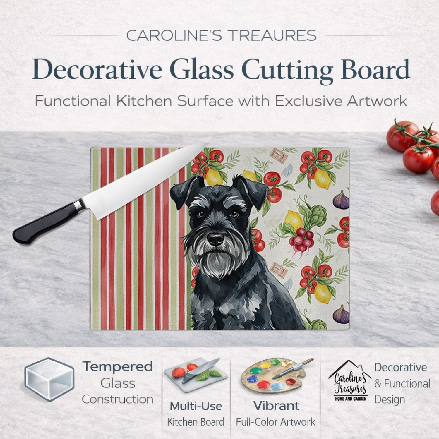 Black Miniature Schnauzer Vegetables Cutting Board Tempered Glass Kitchen Cutting Surface, Heat Resistant Chopping, Non-Slip Feet, Food Prep & Serving