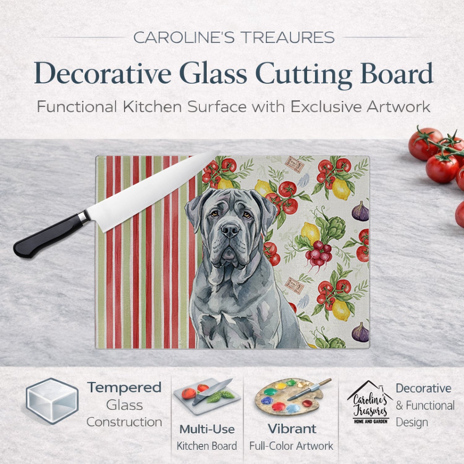Blue Neapolitan Mastiff Vegetables Cutting Board Tempered Glass Kitchen Cutting Surface, Heat Resistant Chopping, Non-Slip Feet, Food Prep & Serving