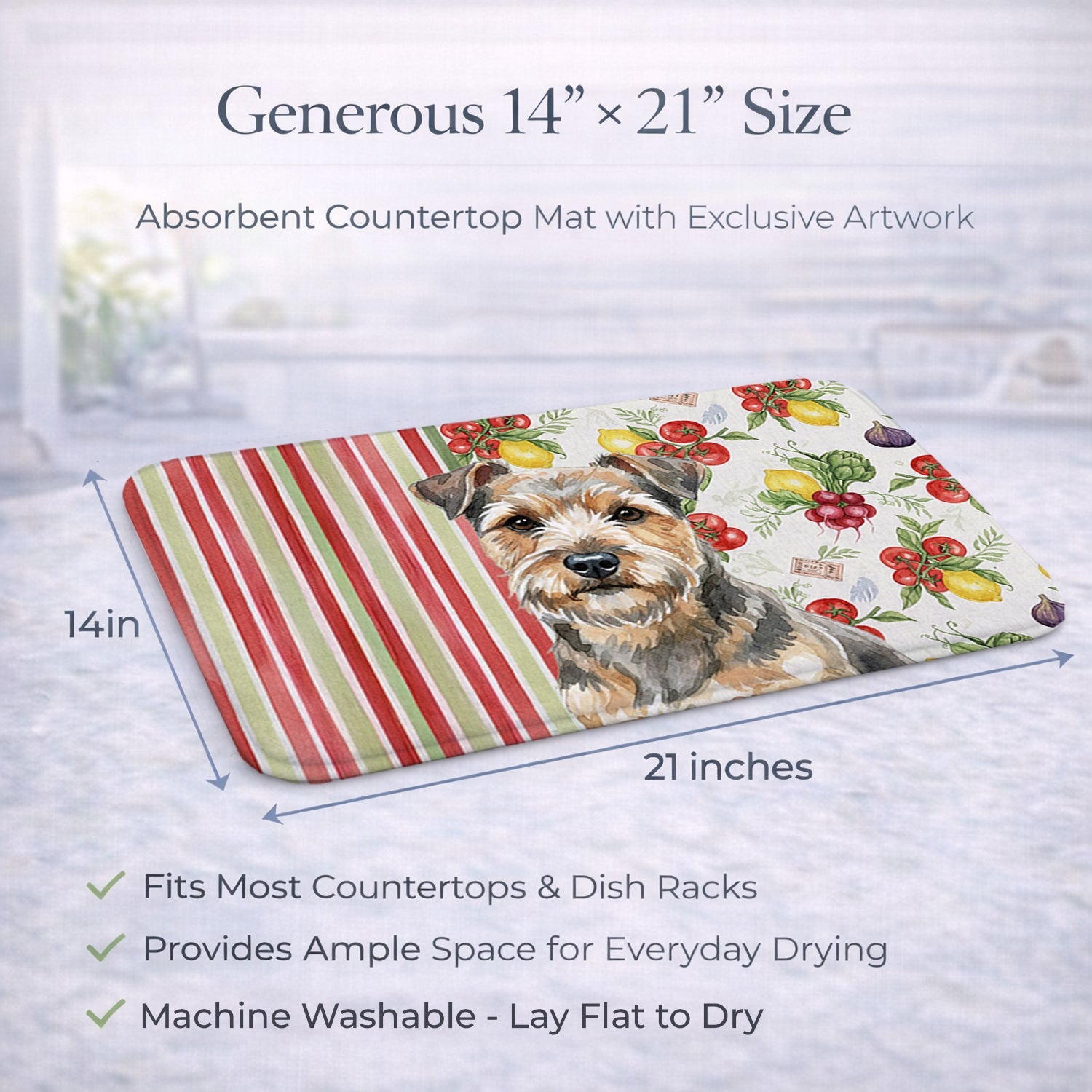 Grizzle and Tan Norfolk Terrier Vegetables Dish Drying Mat Absorbent Dish Drying Mat Pad for Kitchen Counter Dish Drainer Mat for Countertop, 14 x 21", Multicolor