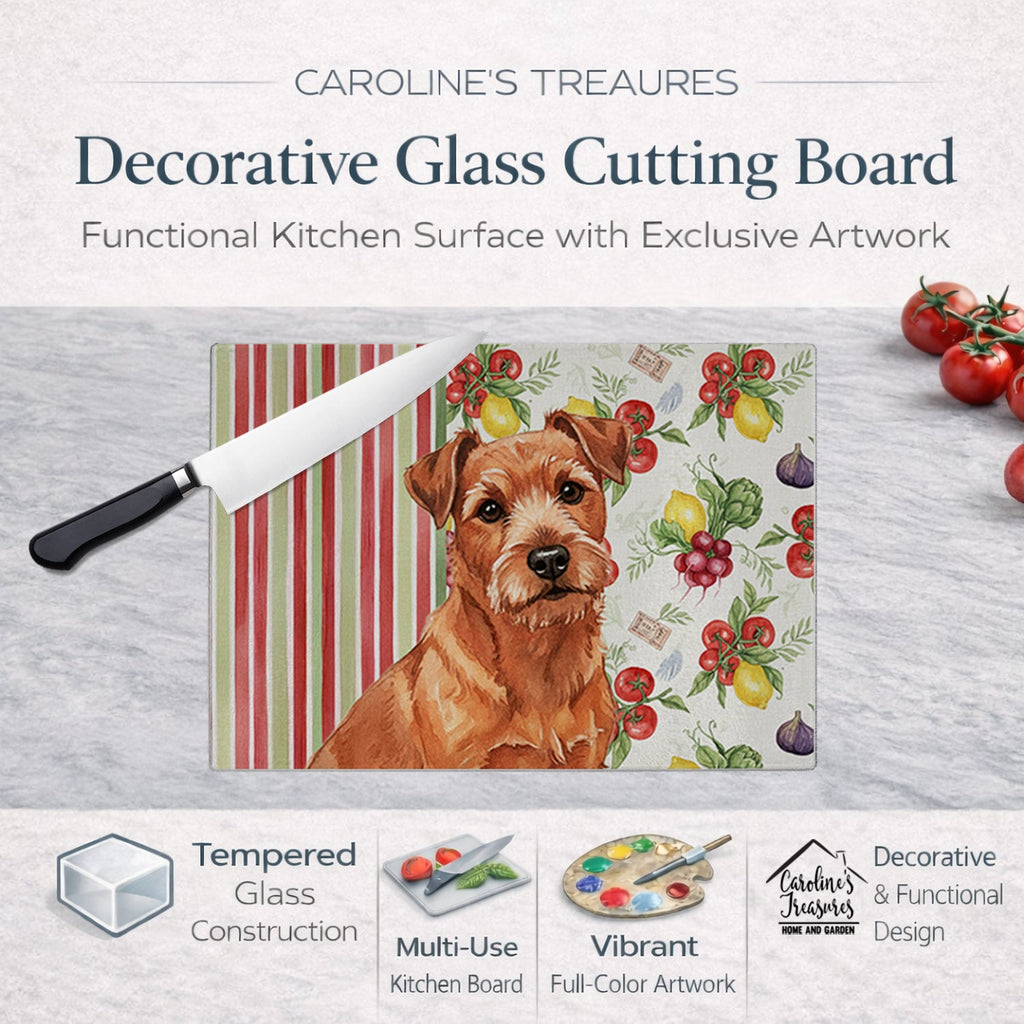 Red Norfolk Terrier Vegetables Cutting Board Tempered Glass Kitchen Cutting Surface, Heat Resistant Chopping, Non-Slip Feet, Food Prep & Serving