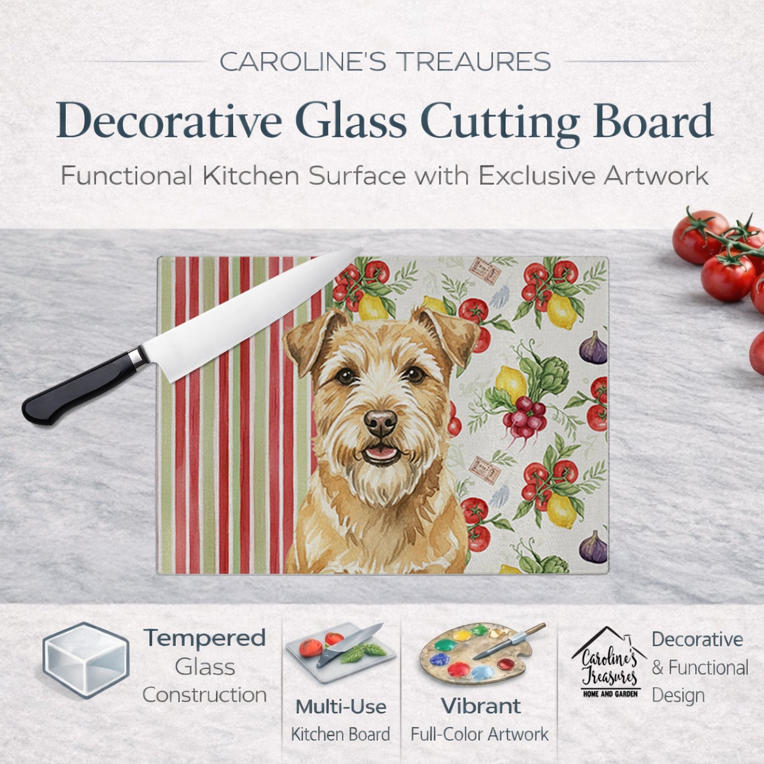 Wheaten Norfolk Terrier Vegetables Cutting Board Tempered Glass Kitchen Cutting Surface, Heat Resistant Chopping, Non-Slip Feet, Food Prep & Serving