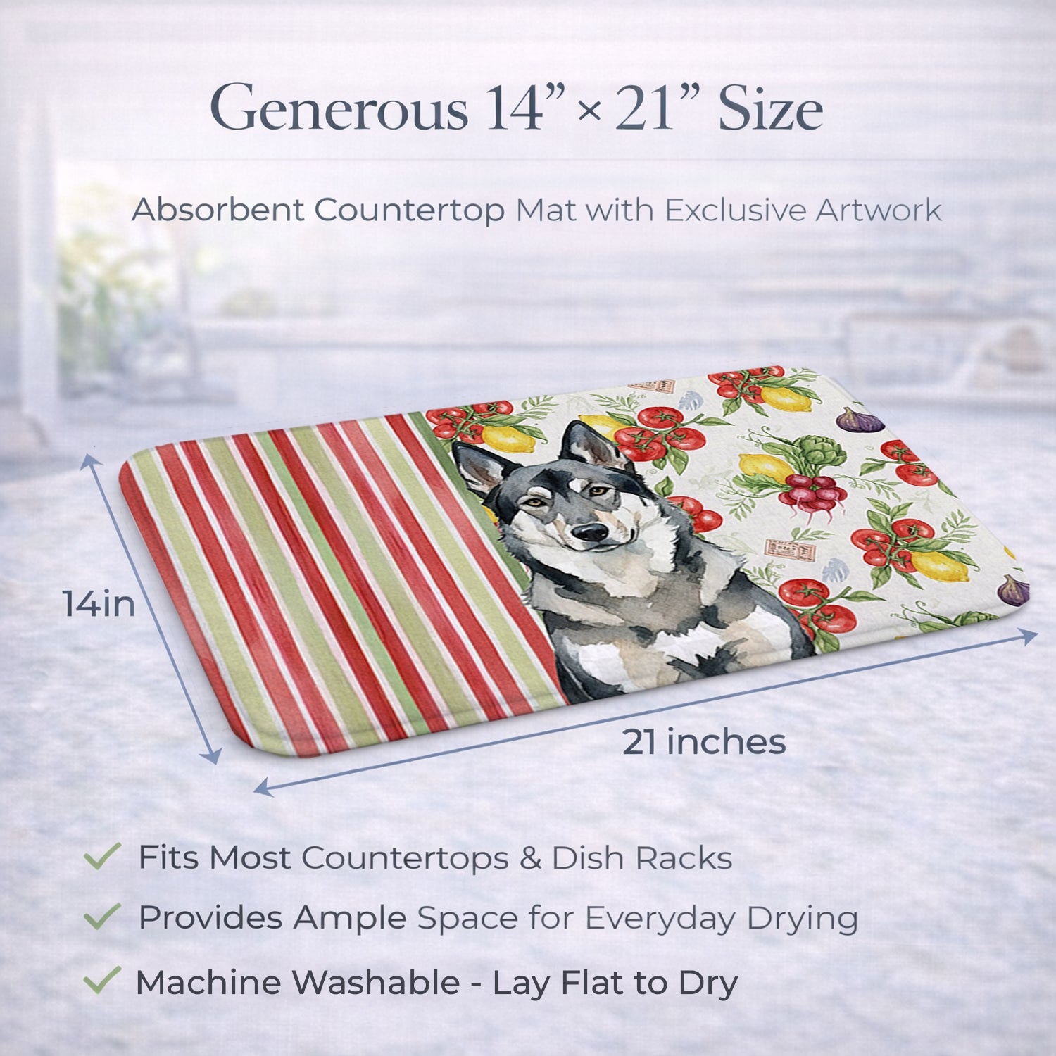 Norwegian Elkhound Vegetables Dish Drying Mat Absorbent Dish Drying Mat Pad for Kitchen Counter Dish Drainer Mat for Countertop, 14 x 21", Multicolor