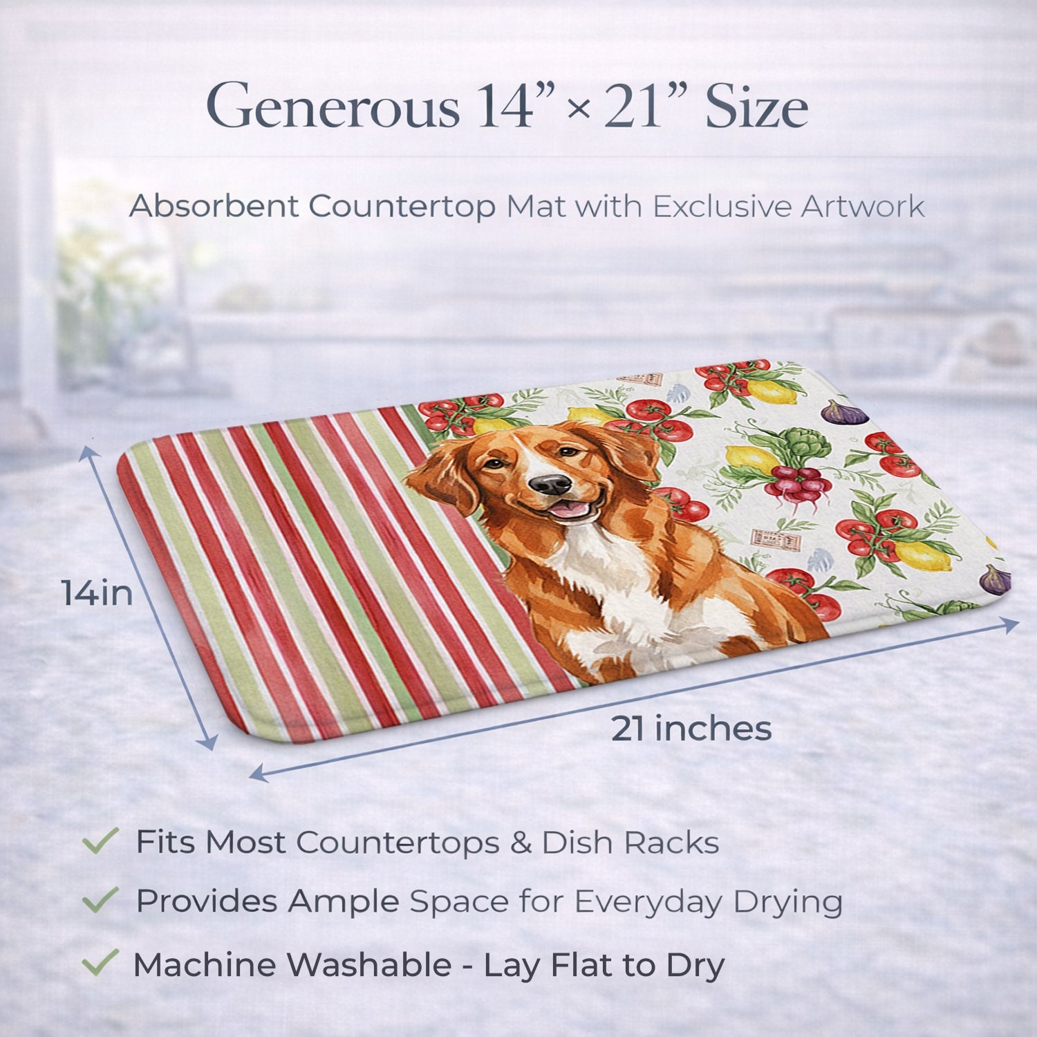 Orange Nova Scotia Duck Tolling Retriever Vegetables Dish Drying Mat Absorbent Dish Drying Mat Pad for Kitchen Counter Dish Drainer Mat for Countertop, 14 x 21", Multicolor