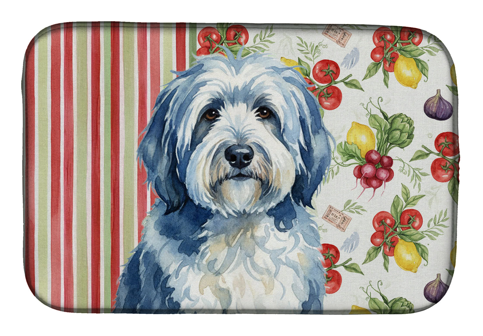 Blue and White Old English Sheepdog Vegetables Dish Drying Mat Absorbent Dish Drying Mat Pad for Kitchen Counter Dish Drainer Mat for Countertop, 14 x 21", Multicolor