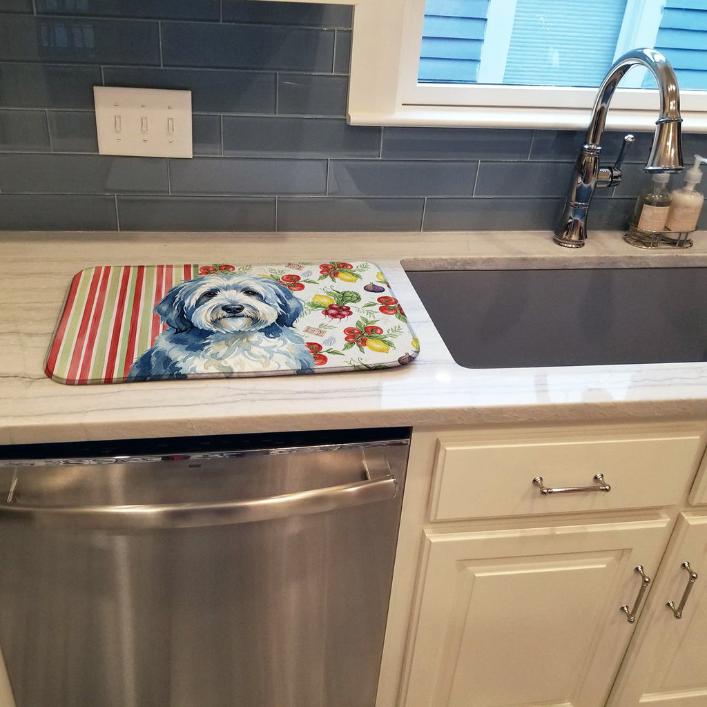 Blue and White Old English Sheepdog Vegetables Dish Drying Mat Absorbent Dish Drying Mat Pad for Kitchen Counter Dish Drainer Mat for Countertop, 14 x 21", Multicolor