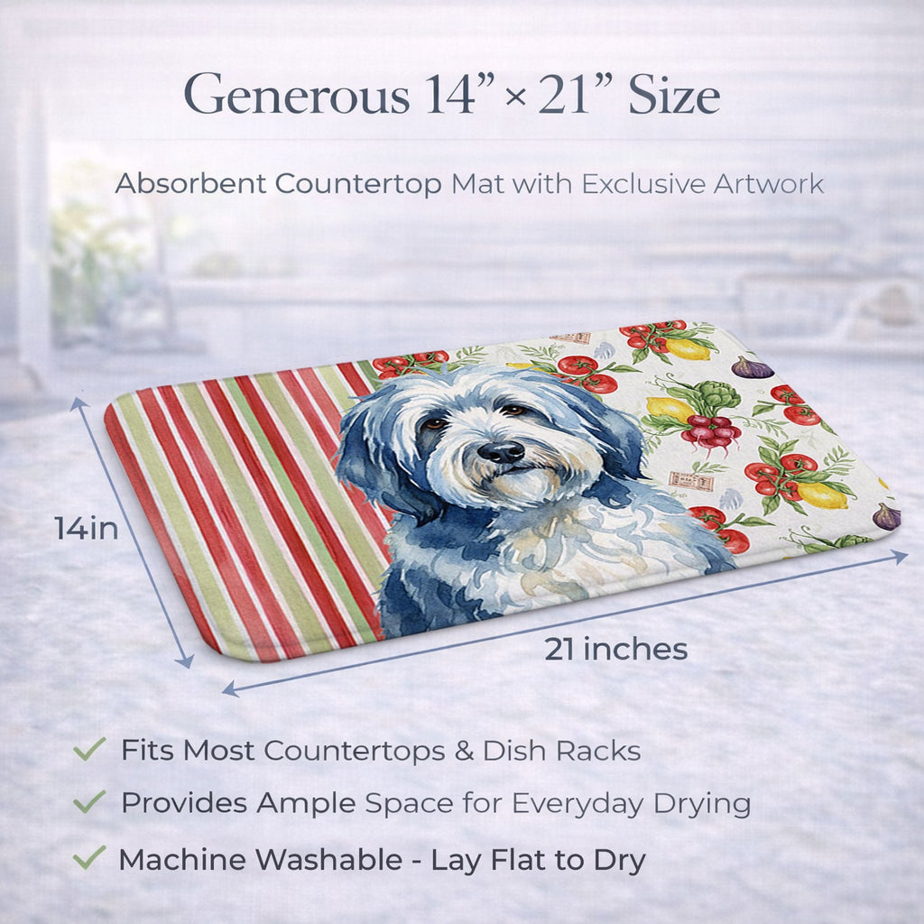 Blue and White Old English Sheepdog Vegetables Dish Drying Mat Absorbent Dish Drying Mat Pad for Kitchen Counter Dish Drainer Mat for Countertop, 14 x 21", Multicolor