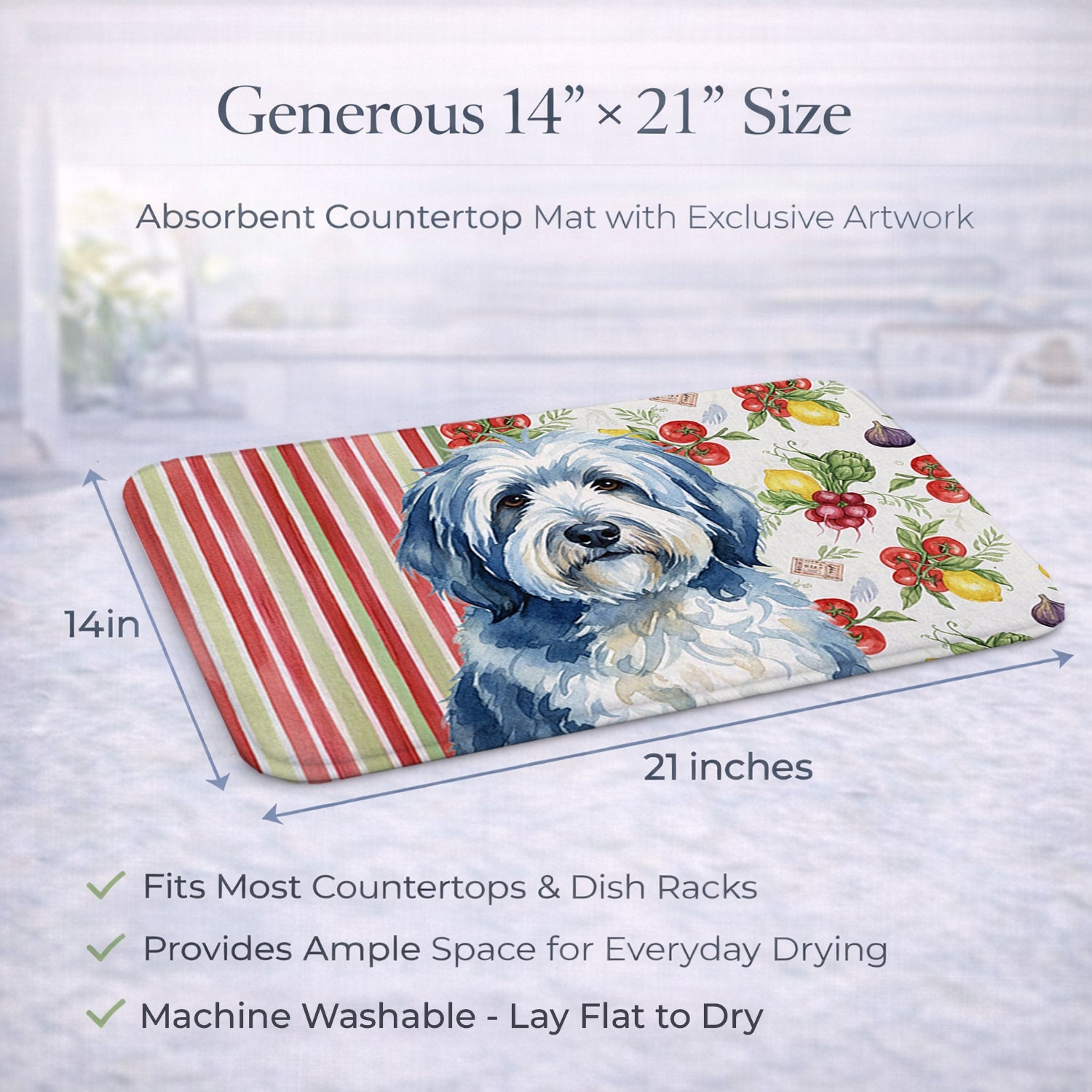 Blue and White Old English Sheepdog Vegetables Dish Drying Mat Absorbent Dish Drying Mat Pad for Kitchen Counter Dish Drainer Mat for Countertop, 14 x 21", Multicolor