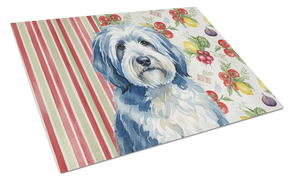 Blue and White Old English Sheepdog Vegetables Cutting Board Tempered Glass Kitchen Cutting Surface, Heat Resistant Chopping, Non-Slip Feet, Food Prep & Serving