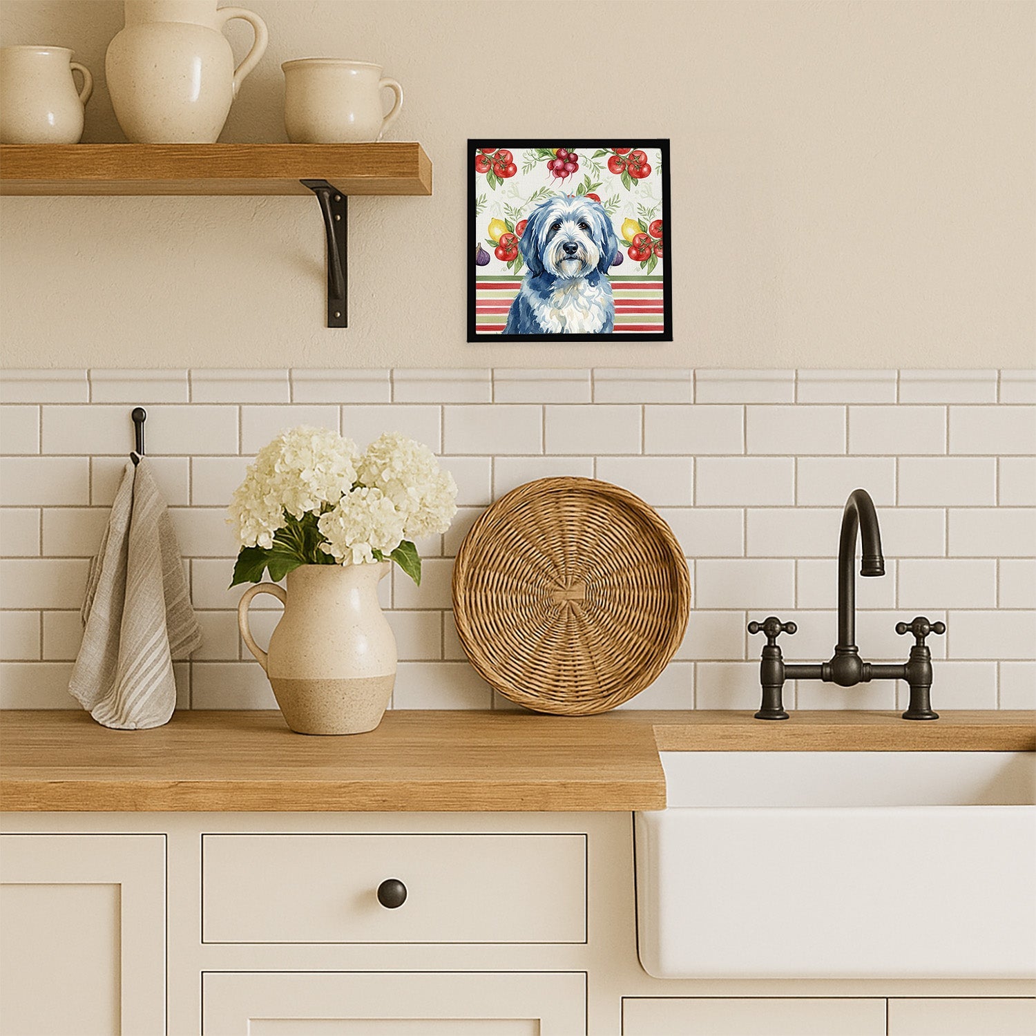 Blue and White Old English Sheepdog Vegetables Framed Metal Print Bathroom, Kitchen, Office, Home Decor Wall Art Ready to Hang, Square, 8X8