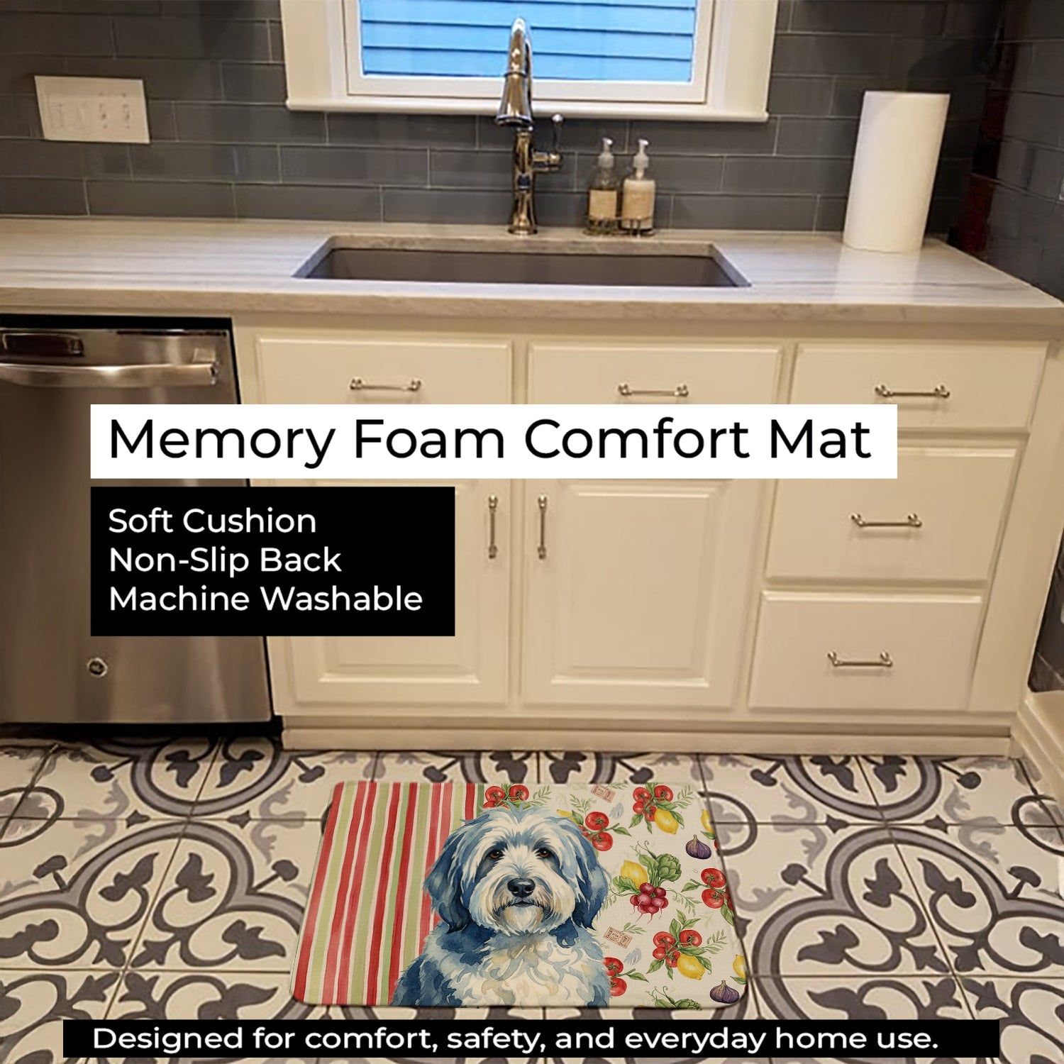 Blue and White Old English Sheepdog Vegetables Memory Foam Kitchen Mat Machine Washable Anti-Fatigue Cushion Comfort Bath or Kitchen Rug