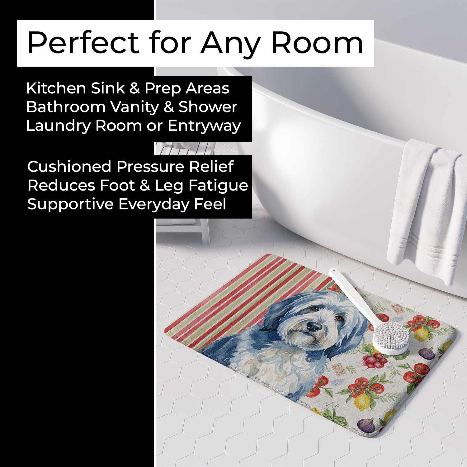 Blue and White Old English Sheepdog Vegetables Memory Foam Kitchen Mat Machine Washable Anti-Fatigue Cushion Comfort Bath or Kitchen Rug