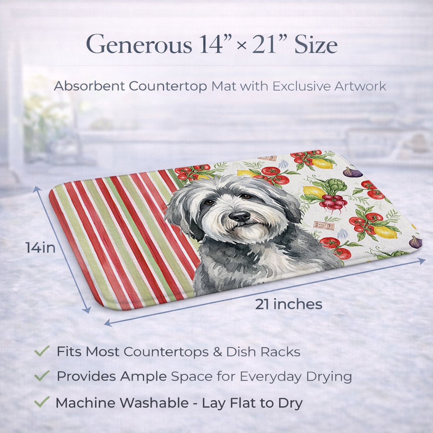 Gray and White Old English Sheepdog Vegetables Dish Drying Mat Absorbent Dish Drying Mat Pad for Kitchen Counter Dish Drainer Mat for Countertop, 14 x 21", Multicolor
