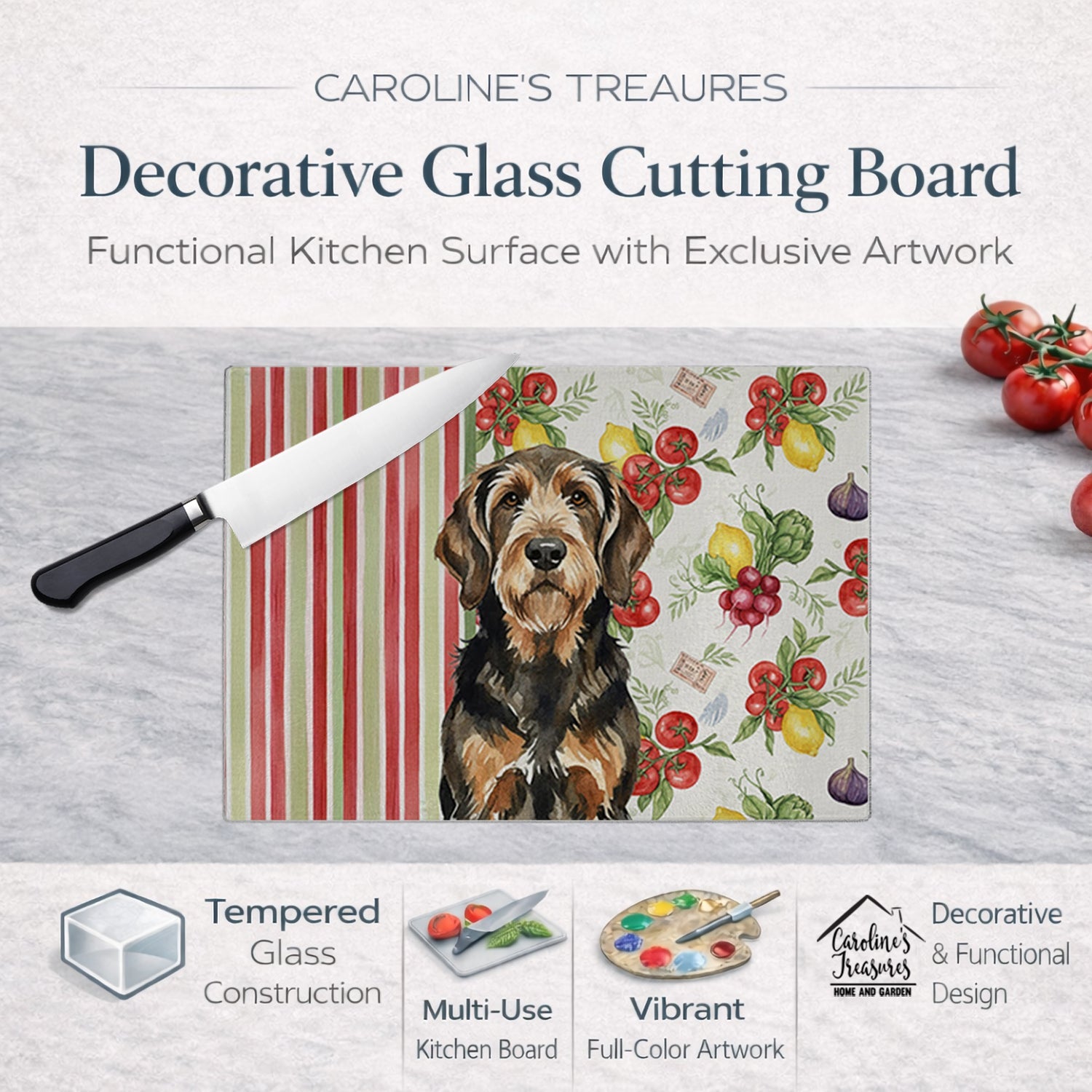 Black and Tan Otterhound Vegetables Cutting Board Tempered Glass Kitchen Cutting Surface, Heat Resistant Chopping, Non-Slip Feet, Food Prep & Serving
