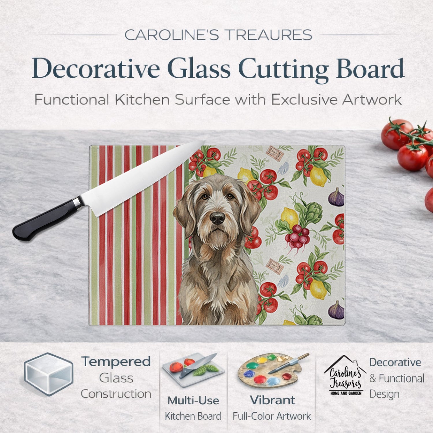 Grizzle and Tan Otterhound Vegetables Cutting Board Tempered Glass Kitchen Cutting Surface, Heat Resistant Chopping, Non-Slip Feet, Food Prep & Serving