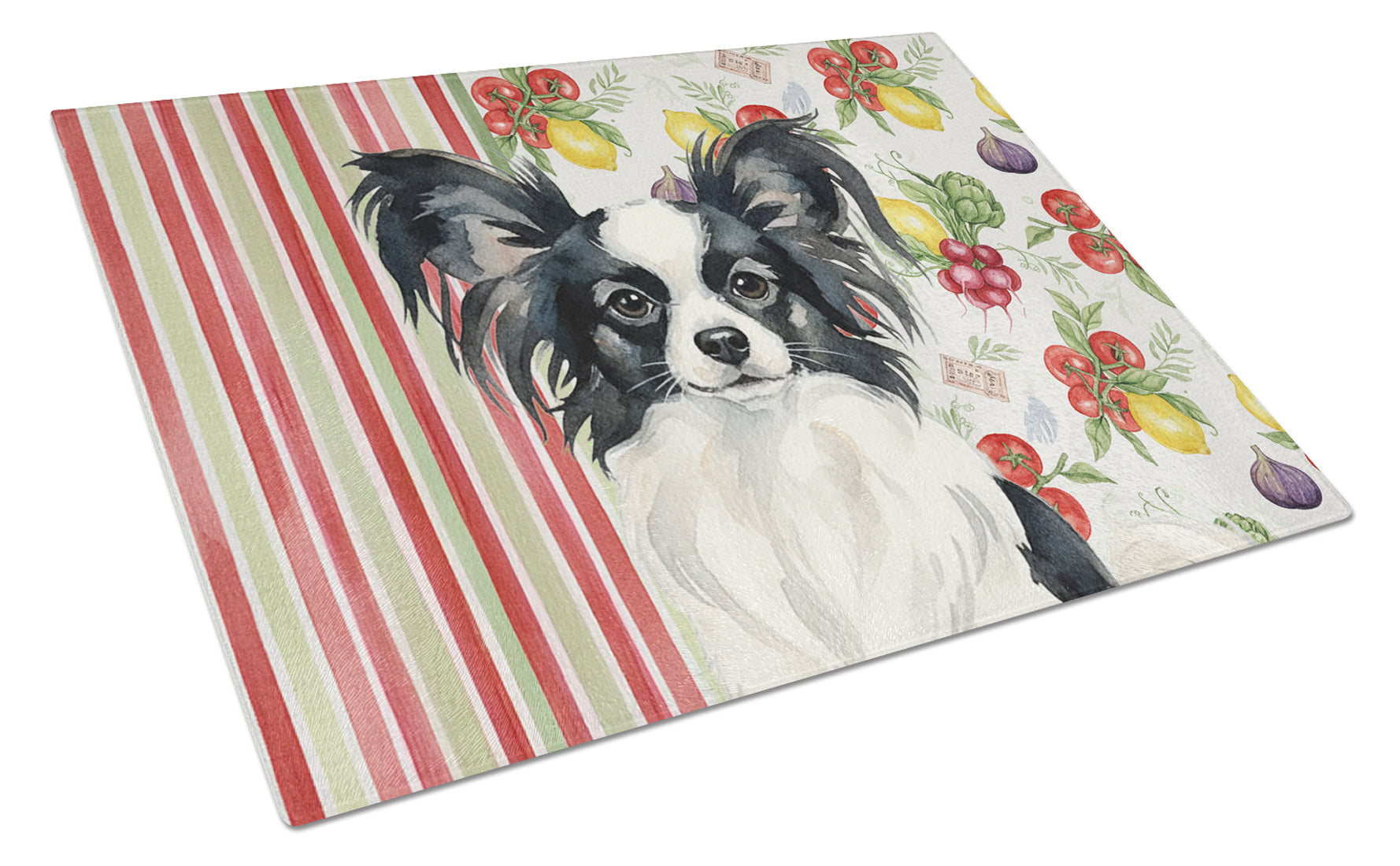 Black and White Papillon Vegetables Cutting Board Tempered Glass Kitchen Cutting Surface, Heat Resistant Chopping, Non-Slip Feet, Food Prep & Serving