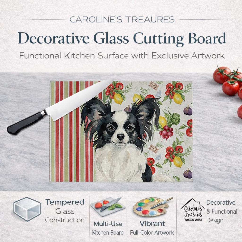 Black and White Papillon Vegetables Cutting Board Tempered Glass Kitchen Cutting Surface, Heat Resistant Chopping, Non-Slip Feet, Food Prep & Serving