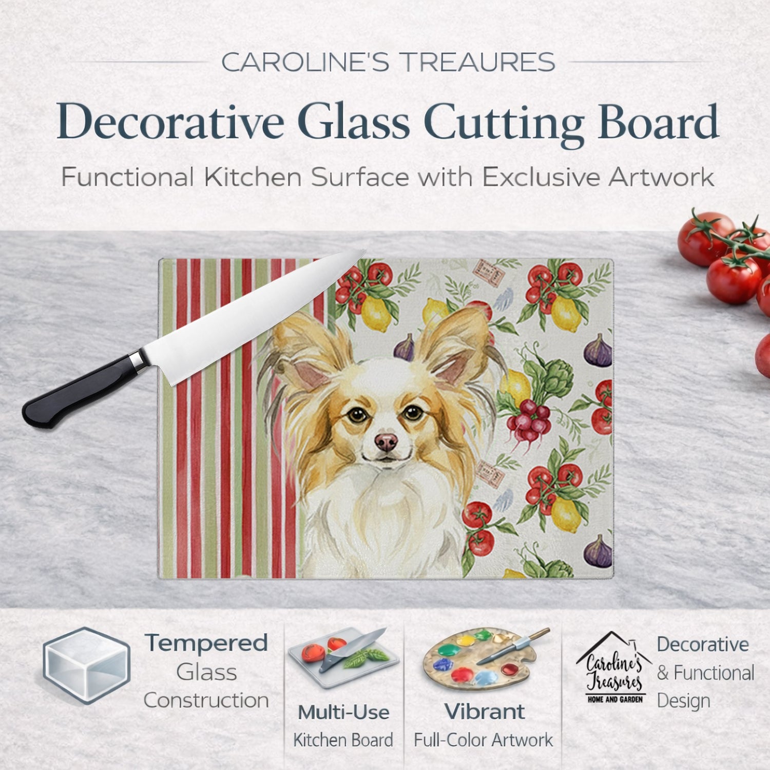 Lemon and White Papillon Vegetables Cutting Board Tempered Glass Kitchen Cutting Surface, Heat Resistant Chopping, Non-Slip Feet, Food Prep & Serving