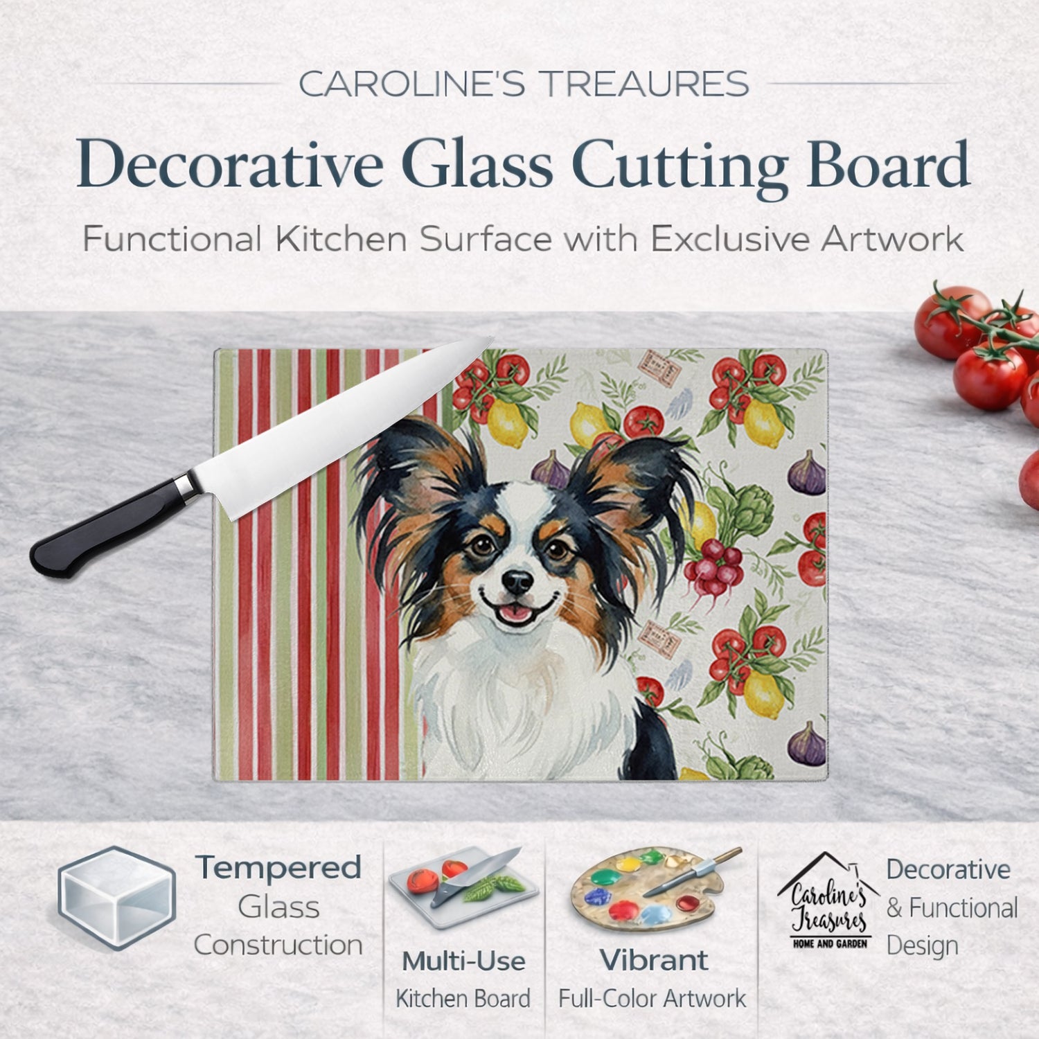 Tricoilor Papillon Vegetables Cutting Board Tempered Glass Kitchen Cutting Surface, Heat Resistant Chopping, Non-Slip Feet, Food Prep & Serving