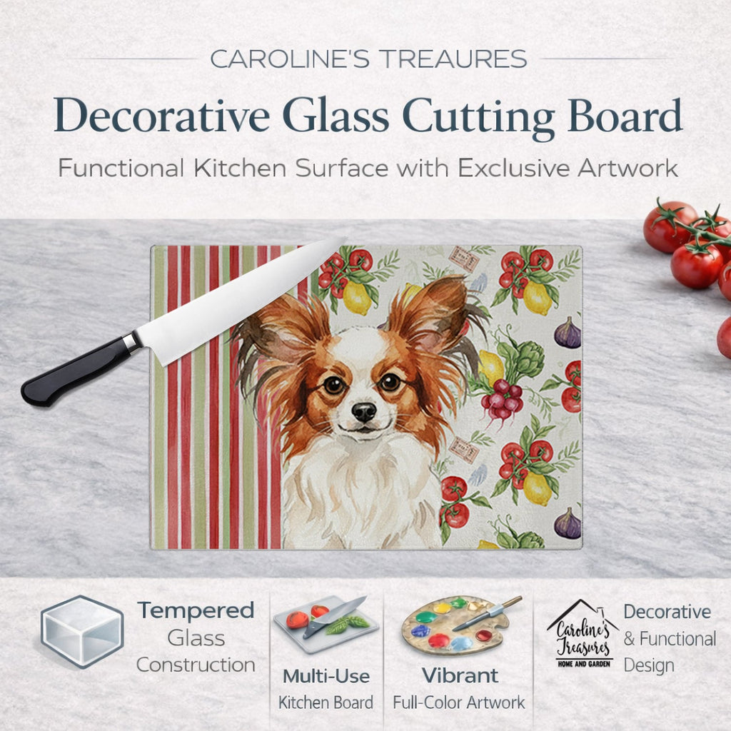 White with Red Papillon Vegetables Cutting Board Tempered Glass Kitchen Cutting Surface, Heat Resistant Chopping, Non-Slip Feet, Food Prep & Serving