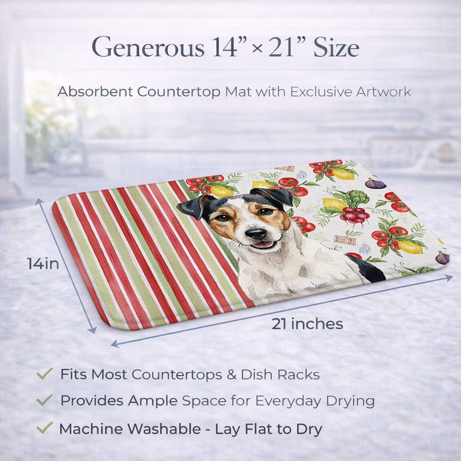 Parson Russell Terrier Vegetables Dish Drying Mat Absorbent Dish Drying Mat Pad for Kitchen Counter Dish Drainer Mat for Countertop, 14 x 21", Multicolor