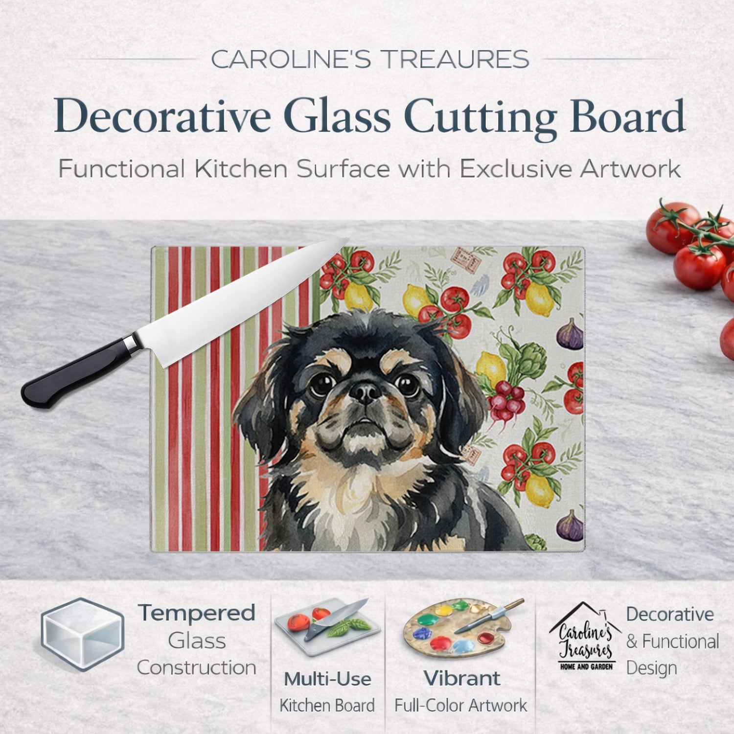 Black and Tan Pekingese Vegetables Cutting Board Tempered Glass Kitchen Cutting Surface, Heat Resistant Chopping, Non-Slip Feet, Food Prep & Serving