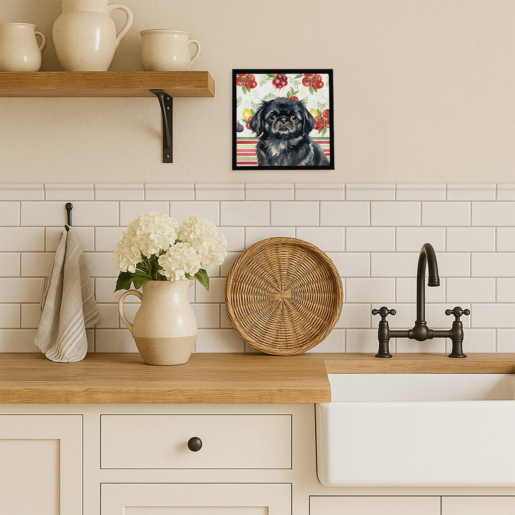 Black Pekingese Vegetables Framed Metal Print Bathroom, Kitchen, Office, Home Decor Wall Art Ready to Hang, Square, 8X8