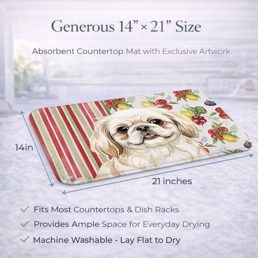 Cream Pekingese Vegetables Dish Drying Mat Absorbent Dish Drying Mat Pad for Kitchen Counter Dish Drainer Mat for Countertop, 14 x 21", Multicolor