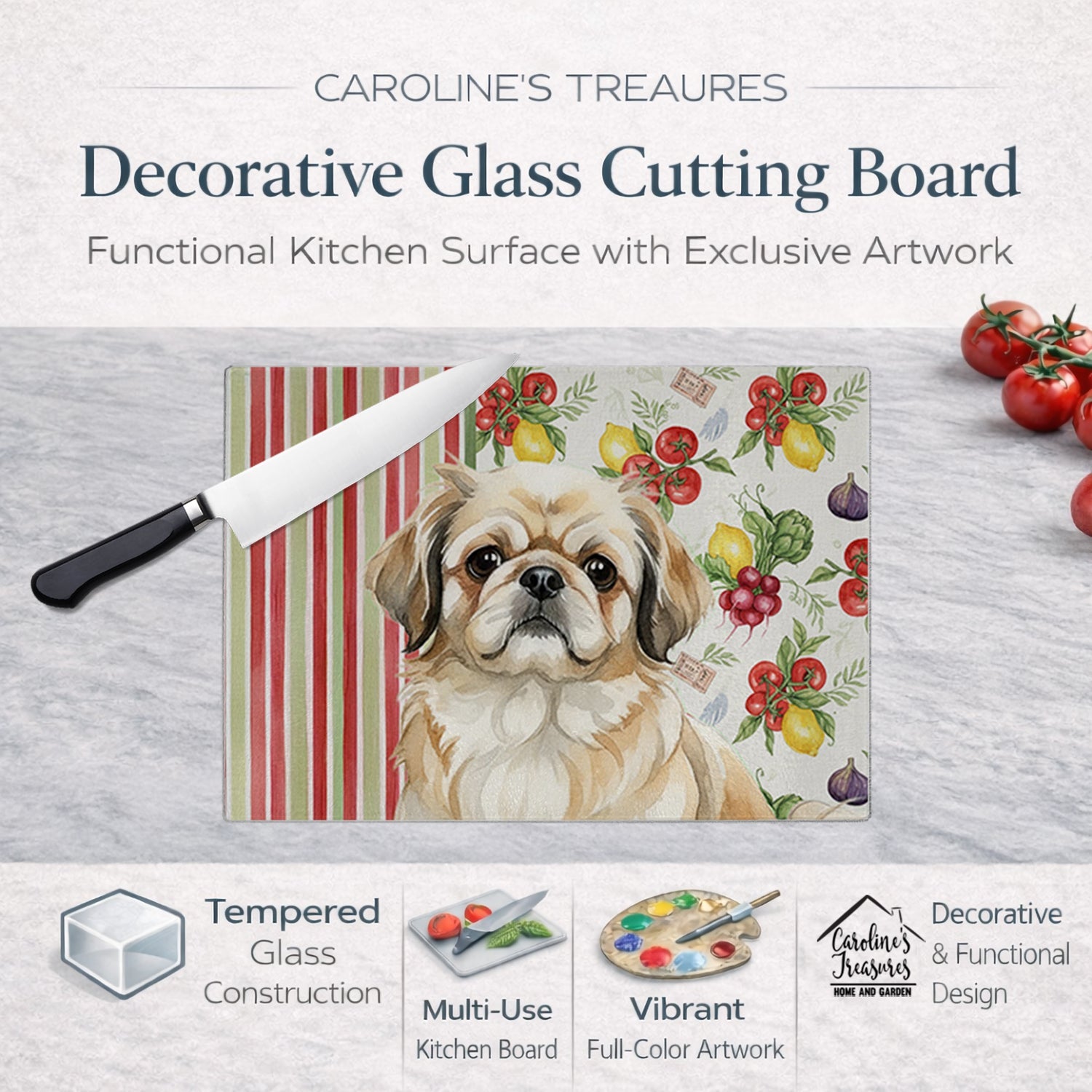 Fawn Pekingese Vegetables Cutting Board Tempered Glass Kitchen Cutting Surface, Heat Resistant Chopping, Non-Slip Feet, Food Prep & Serving