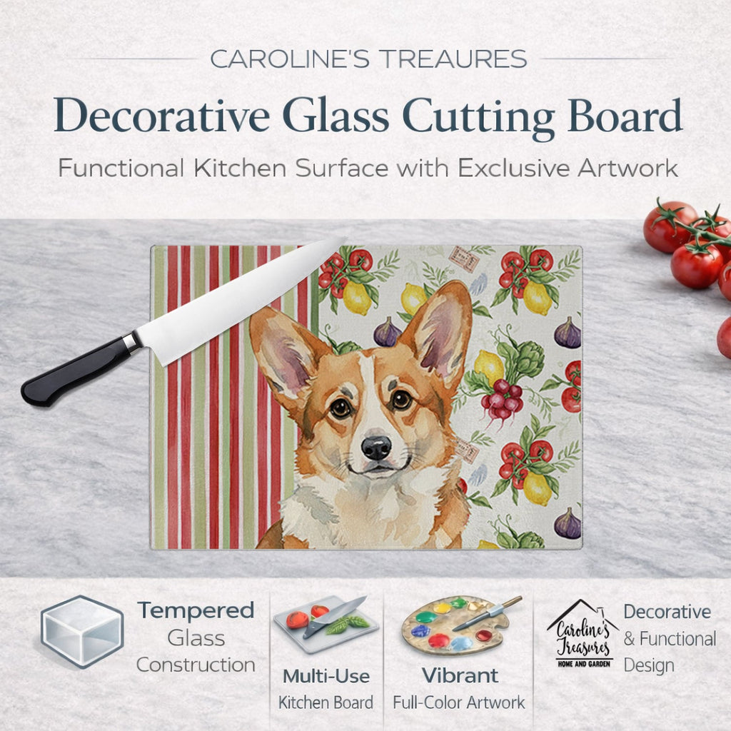 Corgi Vegetables Cutting Board Tempered Glass Kitchen Cutting Surface, Heat Resistant Chopping, Non-Slip Feet, Food Prep & Serving